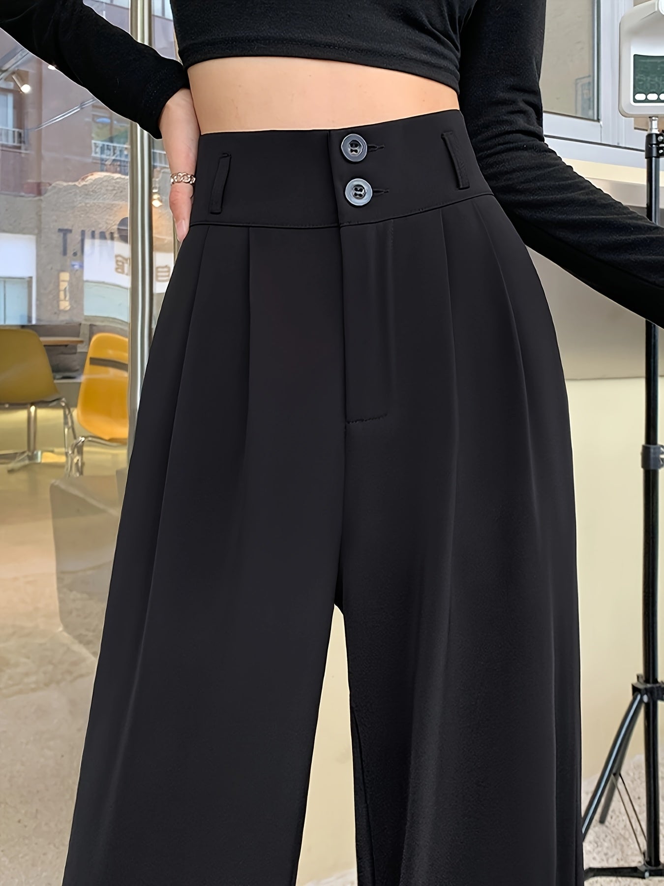 High-Waisted Wide-Leg Pants Women's High-Waisted Wide-Leg Pants - Black Cool & Breathable Fabric, Relaxed Fit All-Season Trousers for Casual & Formal Wear,