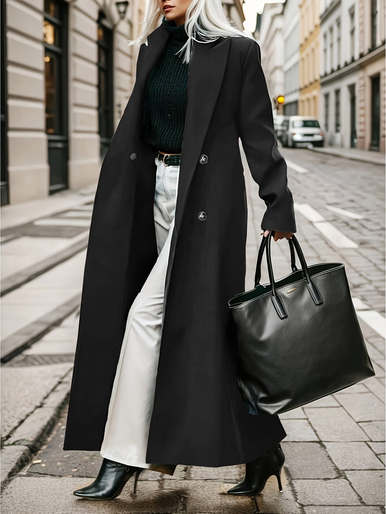 Women's Elegant Green Coat - Long Formal & Professional Outerwear, Machine Washable Winter Trench with Structured H-Silhouette for Office, Parties,
