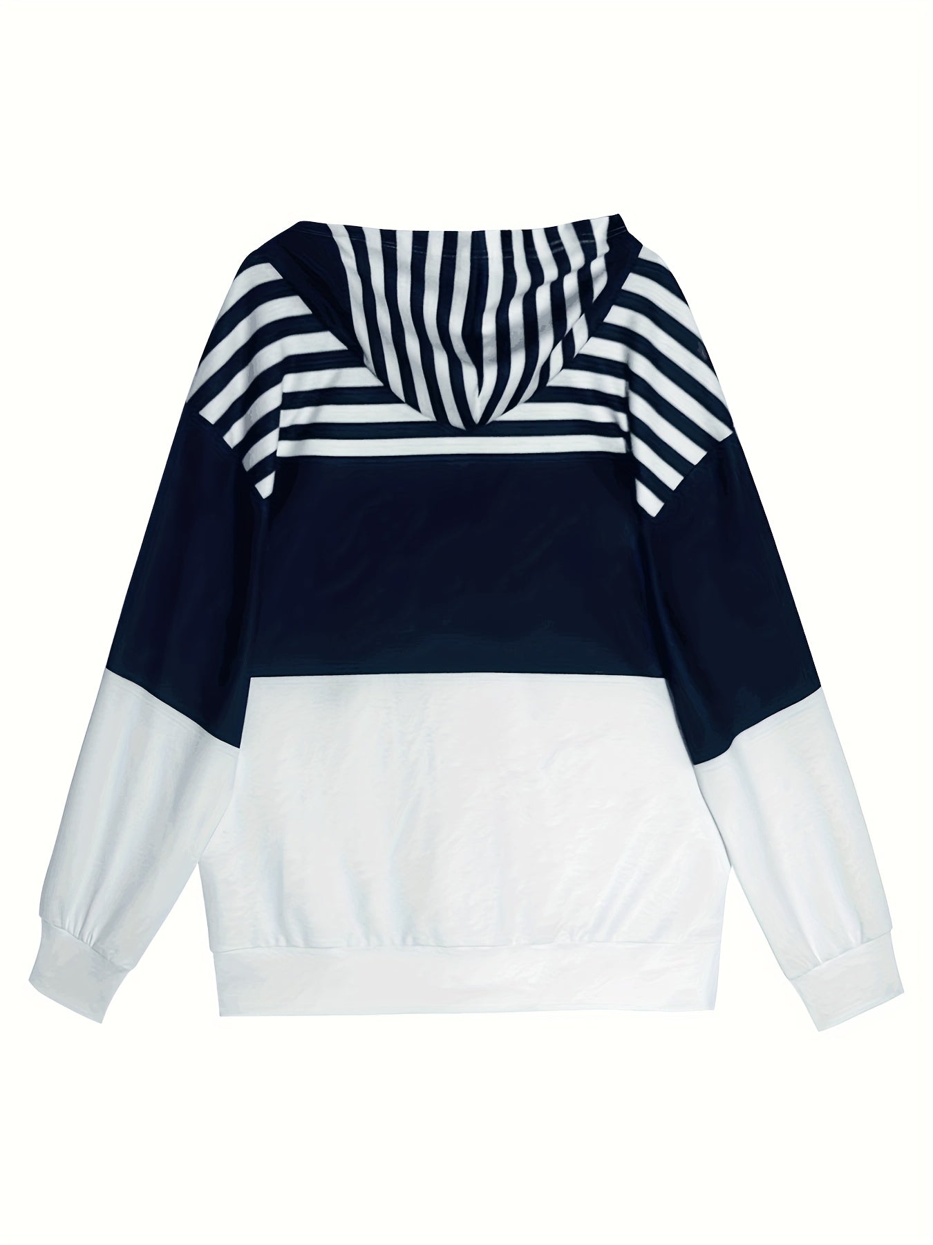 Women's Oversized Striped Color Block Zip-Up Hoodie with Adjustable Drawstring - Navy & White Horizontal Stripes, Mid-Stretch Fabric,