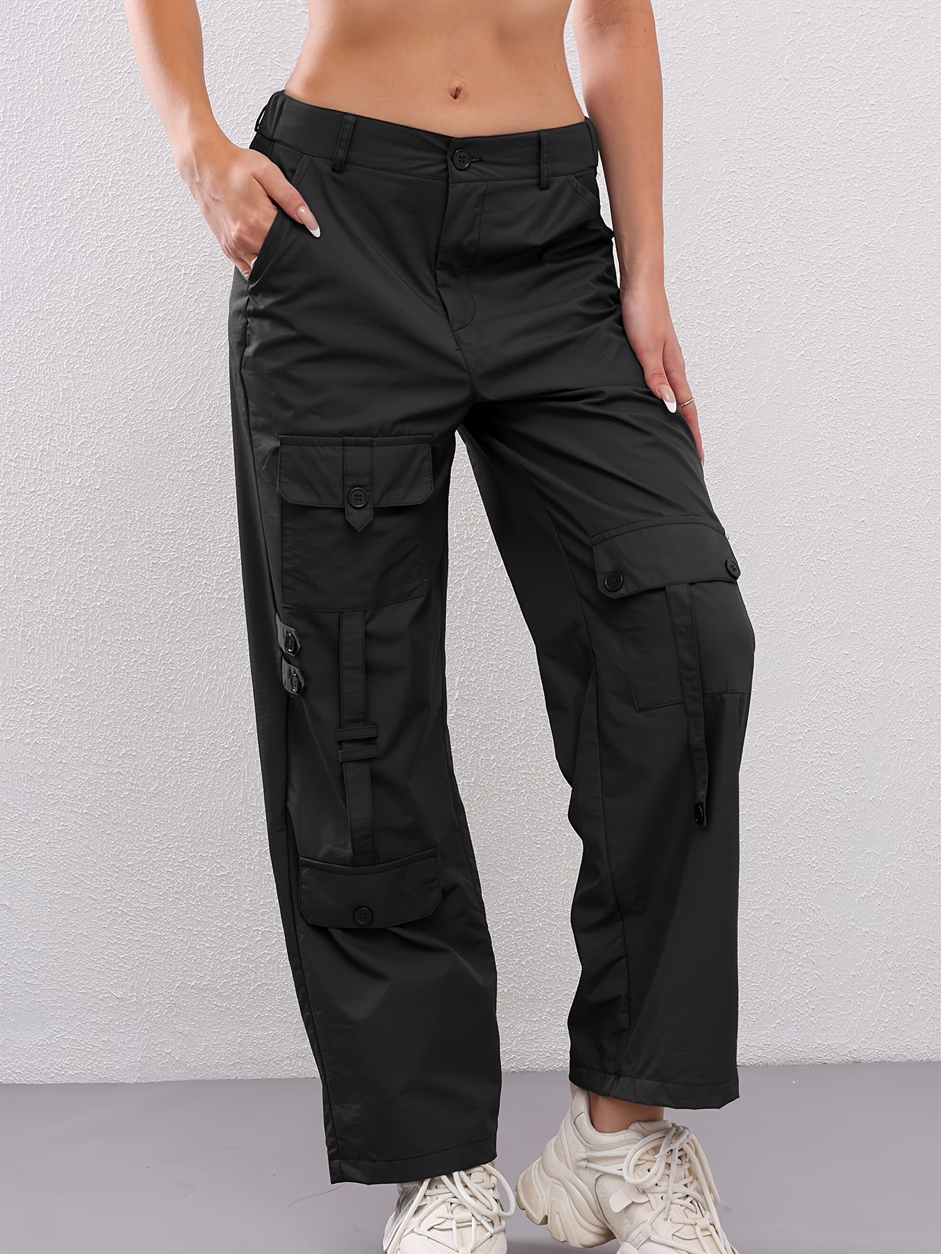 Retro Women's casual pants - black, straight leg, spring and autumn fashion, multiple pockets, soft polyester fiber all-season comfortable outdoor trousers