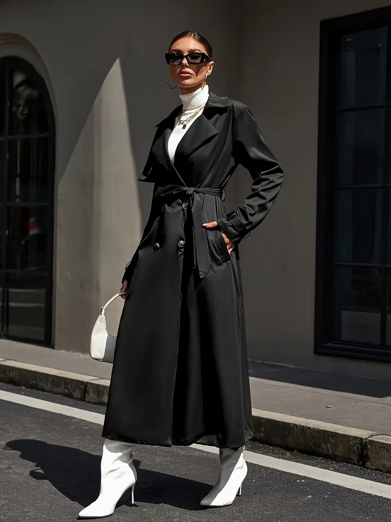 New Arrival Long Coat New Arrival Women's Autumn-Winter European & American Style Long Coat | Solid Color, Versatile Classic Single-Breasted Waist Belted Double