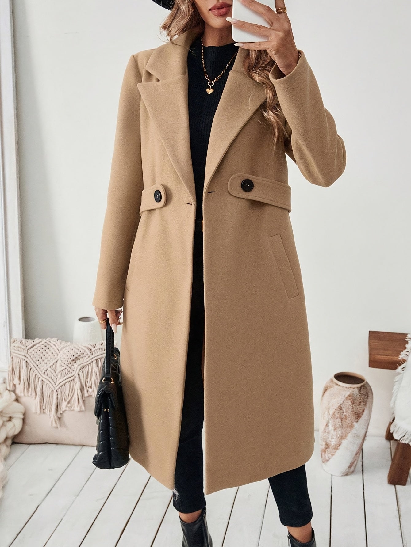 Women's Elegant Long Black Tweed Coat with Adjustable Belt - H-Silhouette Asymmetrical Hem, Machine Washable Winter Trench Coat for Fall & Winter,