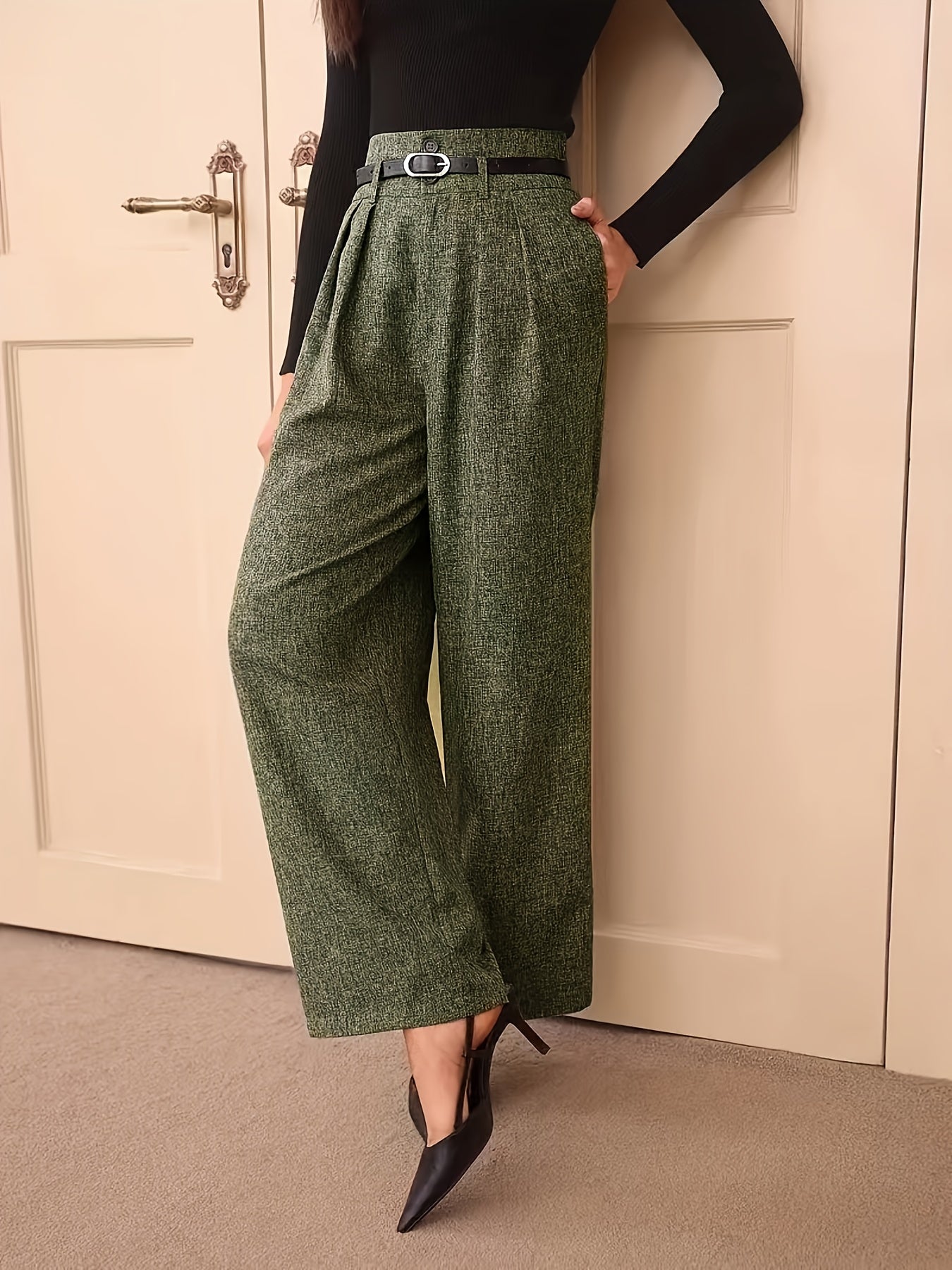 Women's High-Waisted Gray Straight-Leg Pants with Adjustable Belt - Middle Eastern-Inspired Retro Office Casual Trousers