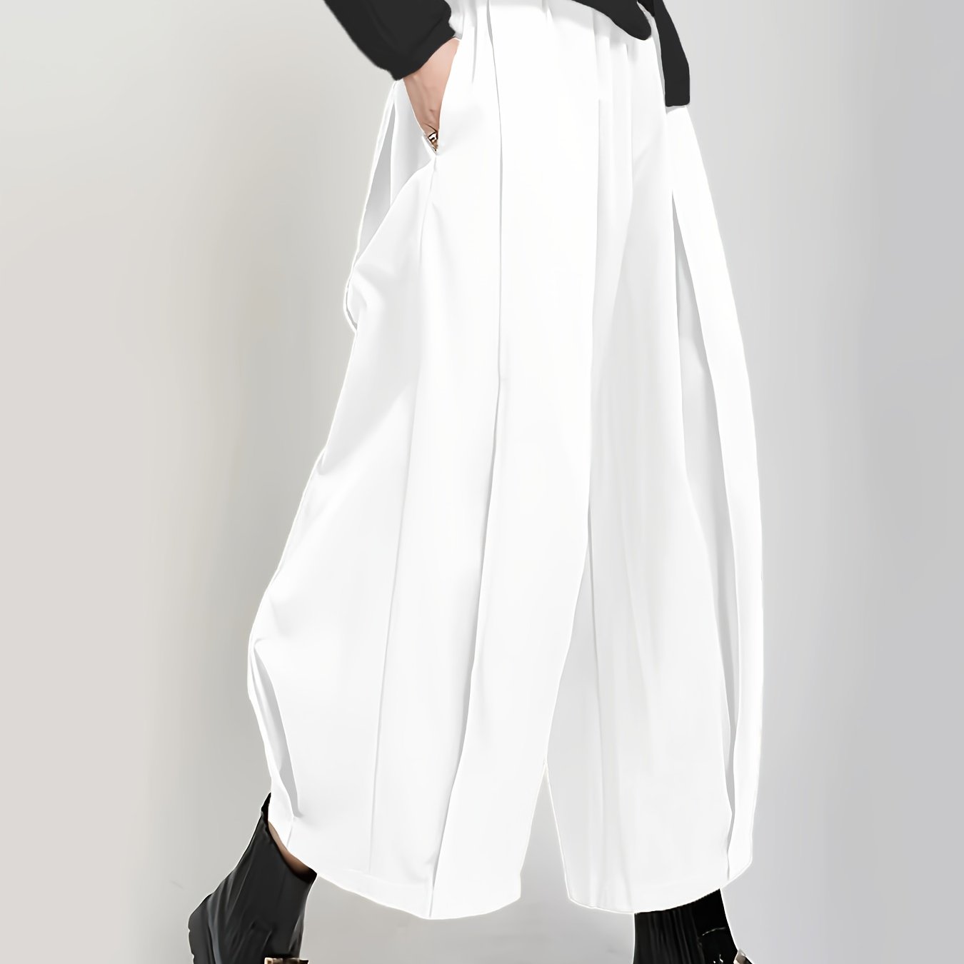 Women'S Stylish Black Wide-Leg Casual Pants - High-Waisted, Button- Front, Polyester Blend, Machine Washable, Perfect for Spring\u002FSummer\u002FFall,