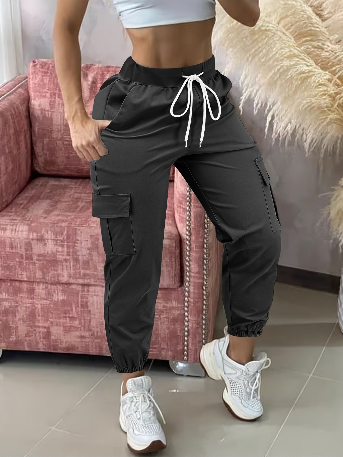 Women'S Casual Cargo Pants with Drawstring Waist, Beige, Multiple Pockets, Frayed Hem, White Sneakers, All-Season Comfort Fit