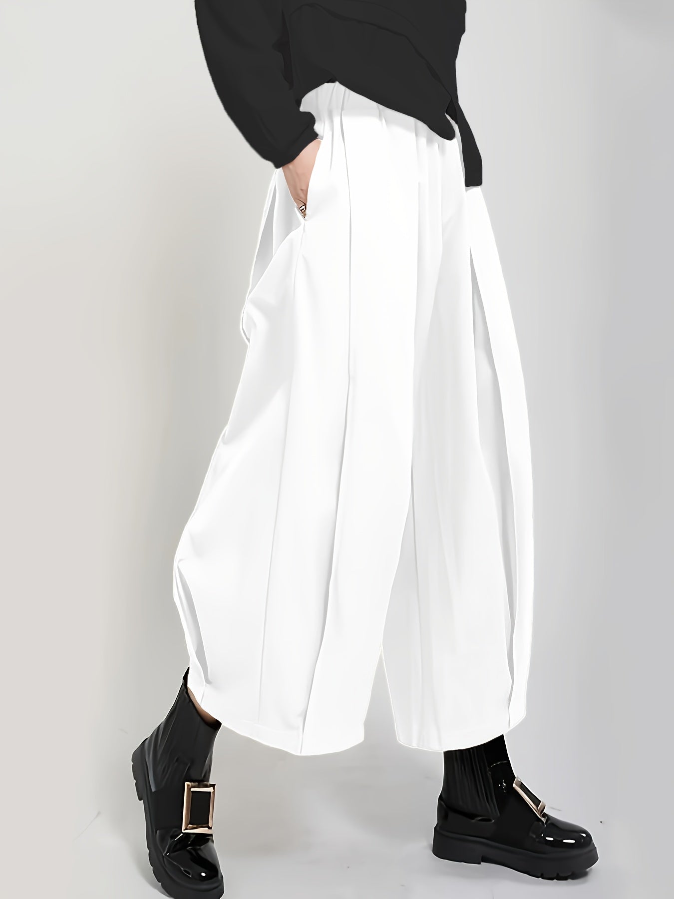 Women'S Stylish Black Wide-Leg Casual Pants - High-Waisted, Button- Front, Polyester Blend, Machine Washable, Perfect for Spring\u002FSummer\u002FFall,