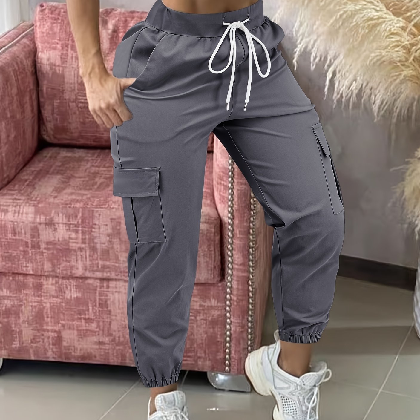 Women'S Casual Cargo Pants with Drawstring Waist, Beige, Multiple Pockets, Frayed Hem, White Sneakers, All-Season Comfort Fit