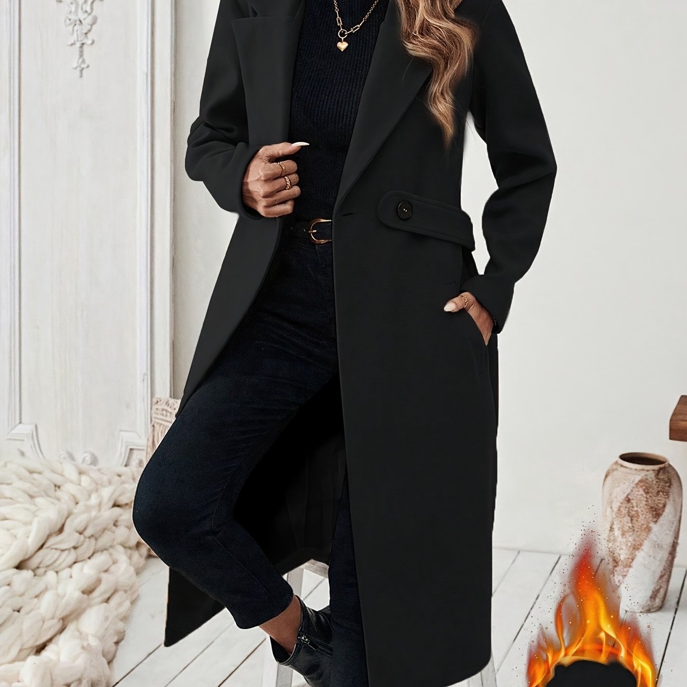 Women's Elegant Long Black Tweed Coat with Adjustable Belt - H-Silhouette Asymmetrical Hem, Machine Washable Winter Trench Coat for Fall & Winter,