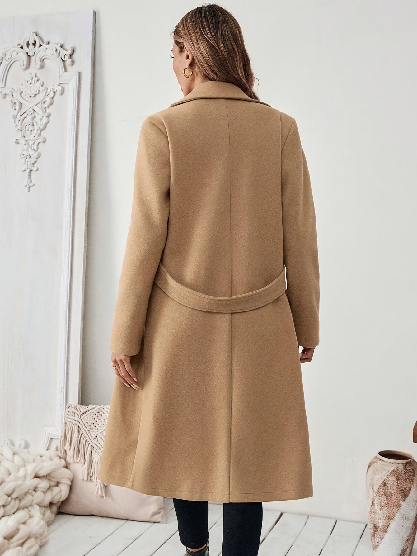 Women's Elegant Long Black Tweed Coat with Adjustable Belt - H-Silhouette Asymmetrical Hem, Machine Washable Winter Trench Coat for Fall & Winter,