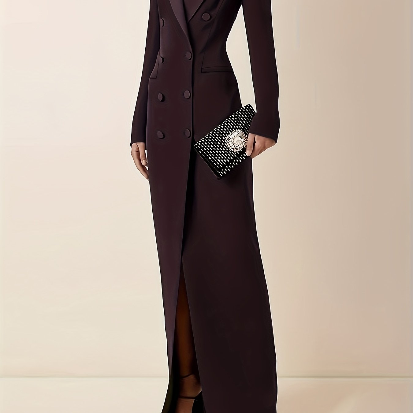 Women'S Elegant Double-Breasted Long Sleeve Trench Coat - Solid Color, Button Details, High-Waisted Design, Perfect for Formal Events,