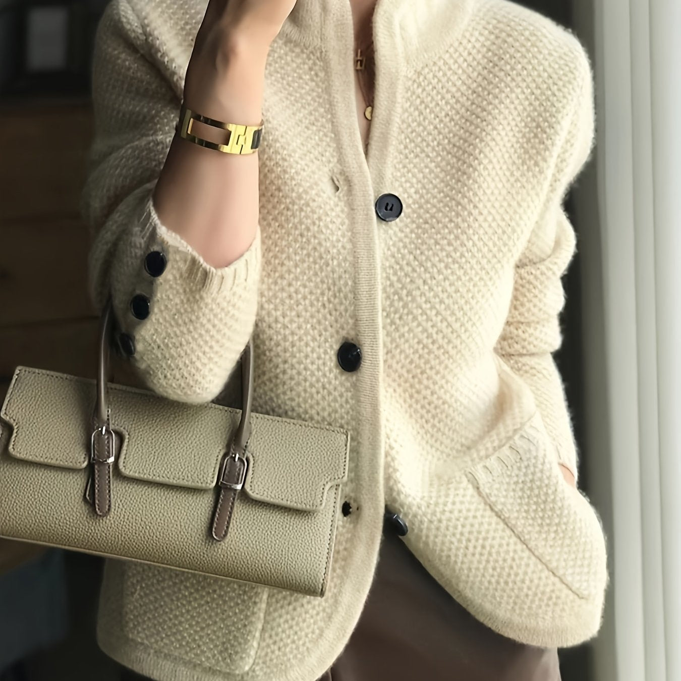 Solid Color Button Front Cardigans Coat, Casual Mock Neck Side Pockets Long Sleeve Top For Every Day,