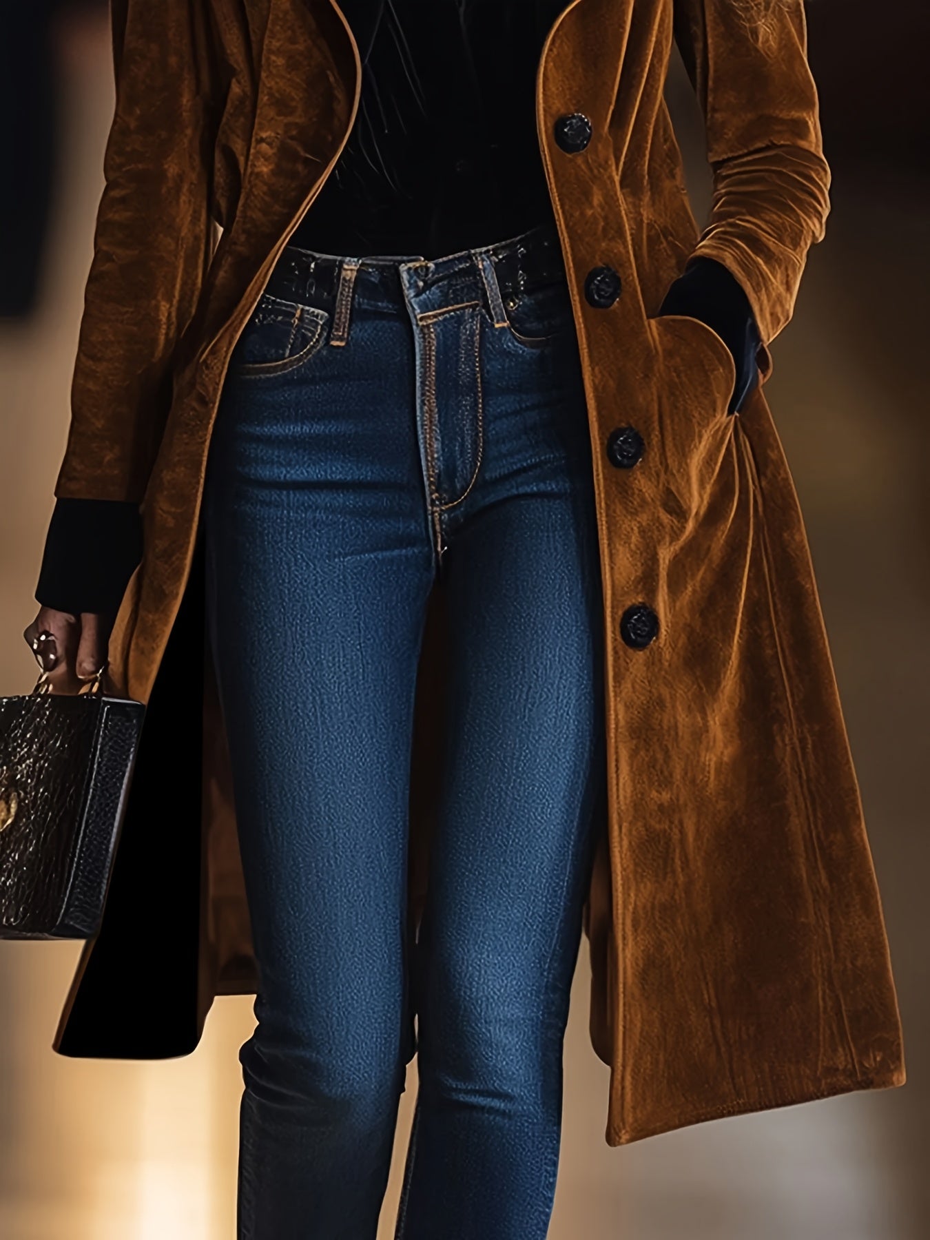 Women's Elegant Long Coat - Formal & Everyday Chic Outerwear, Machine Washable Tuxedo-like Jacket for Office, Parties, Casual Outfits