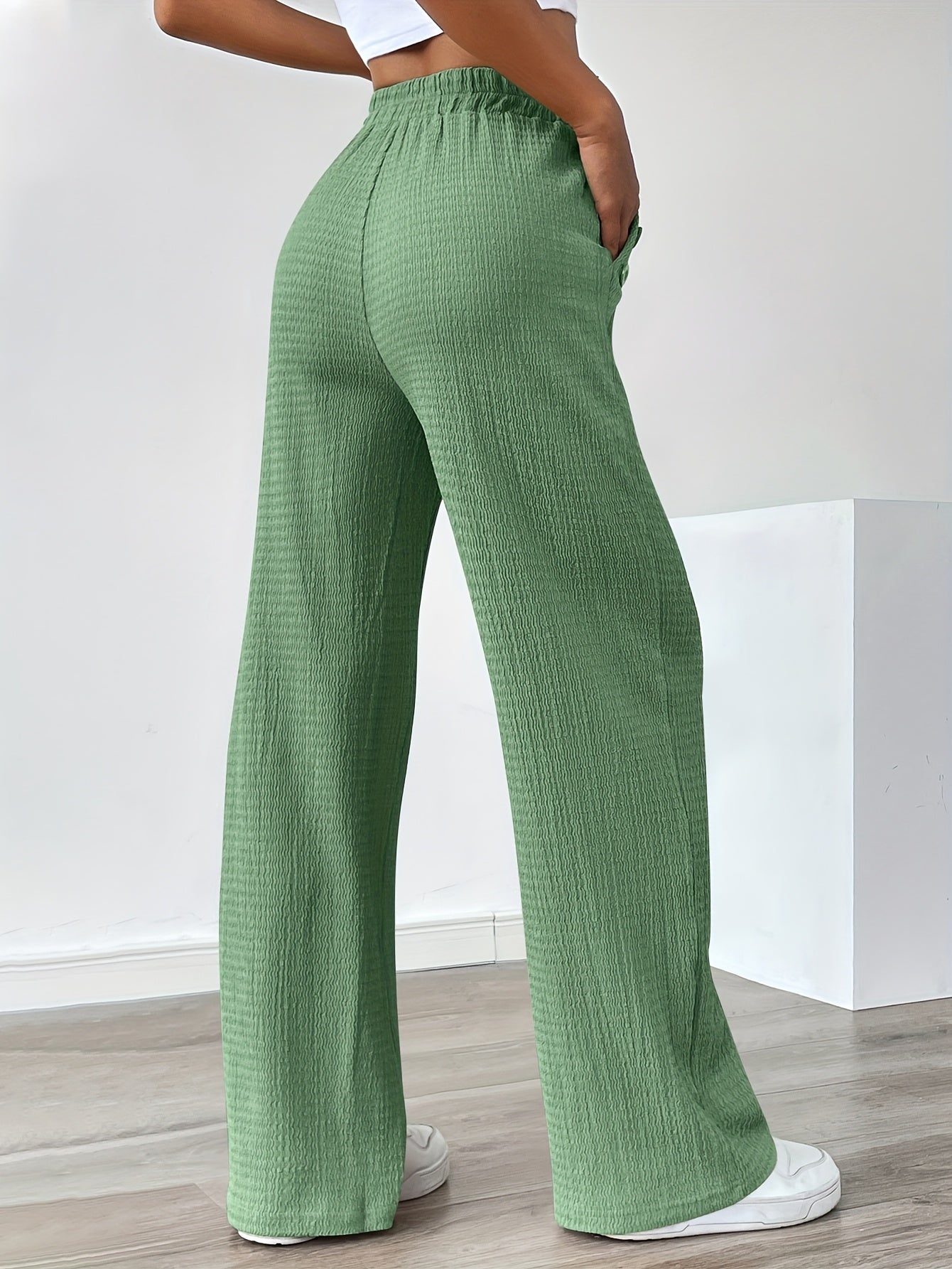 Women'S Casual Solid Color Pants with Faux Button Detail - Elastic Waistband, Drawstring, and Side Pockets, Lightweight Summer Trousers for Casual Attire