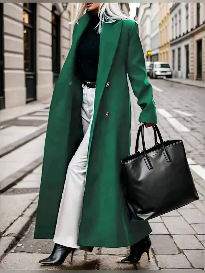 Women's Elegant Green Coat - Long Formal & Professional Outerwear, Machine Washable Winter Trench with Structured H-Silhouette for Office, Parties,