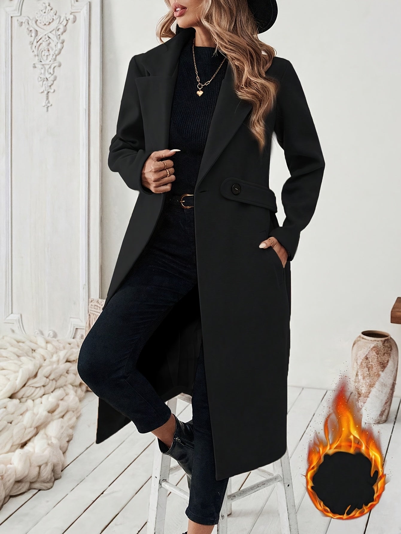 Women's Elegant Long Black Tweed Coat with Adjustable Belt - H-Silhouette Asymmetrical Hem, Machine Washable Winter Trench Coat for Fall & Winter,
