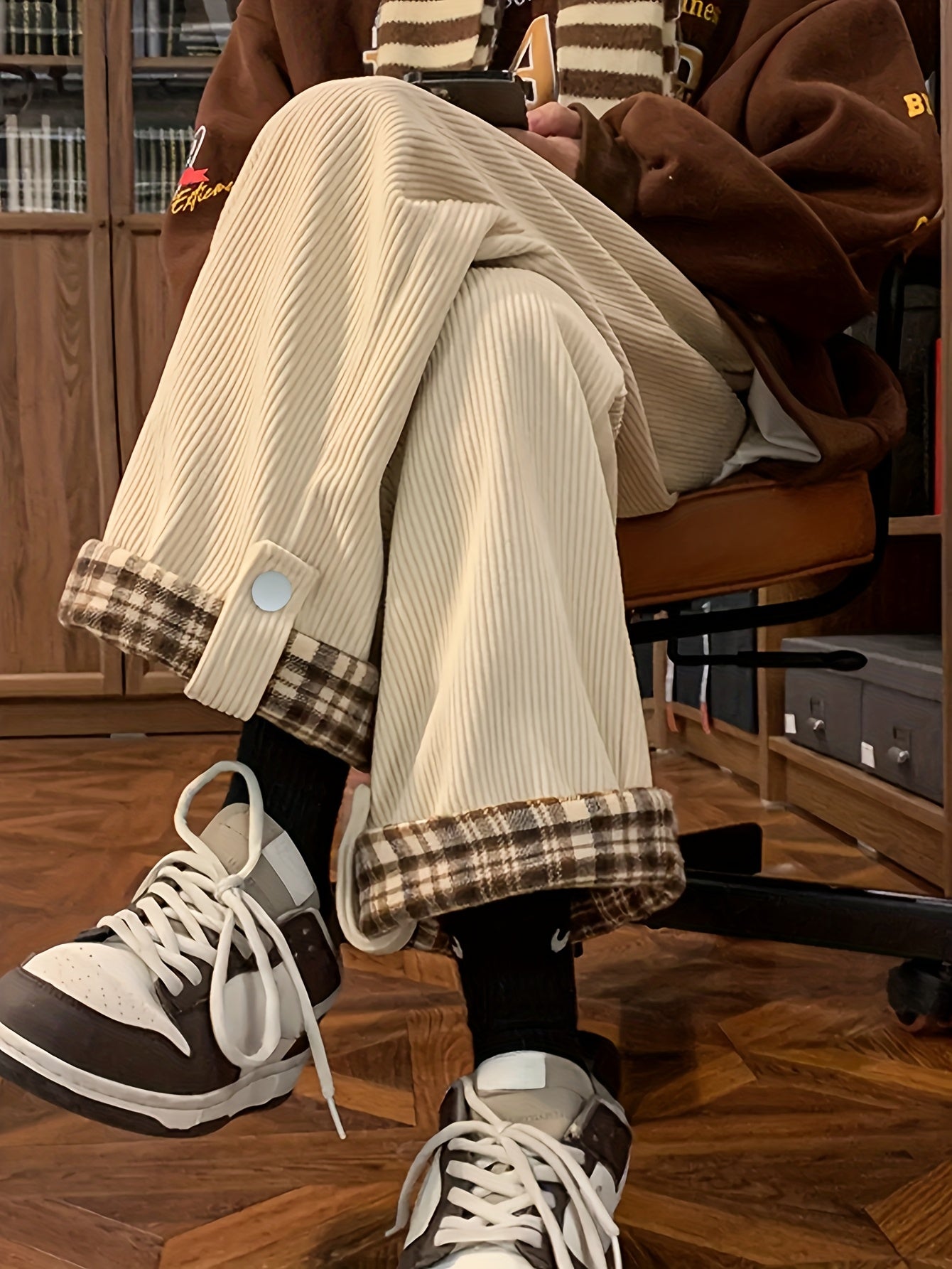 Women's Spring and Autumn Plaid Flared Pants Korean Style Loose Straight Leg
