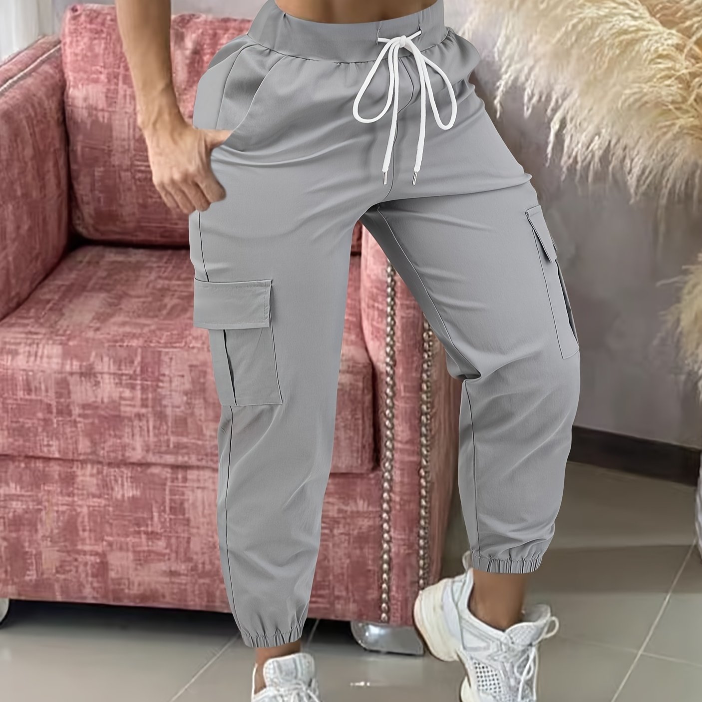 Women'S Casual Cargo Pants with Drawstring Waist, Beige, Multiple Pockets, Frayed Hem, White Sneakers, All-Season Comfort Fit