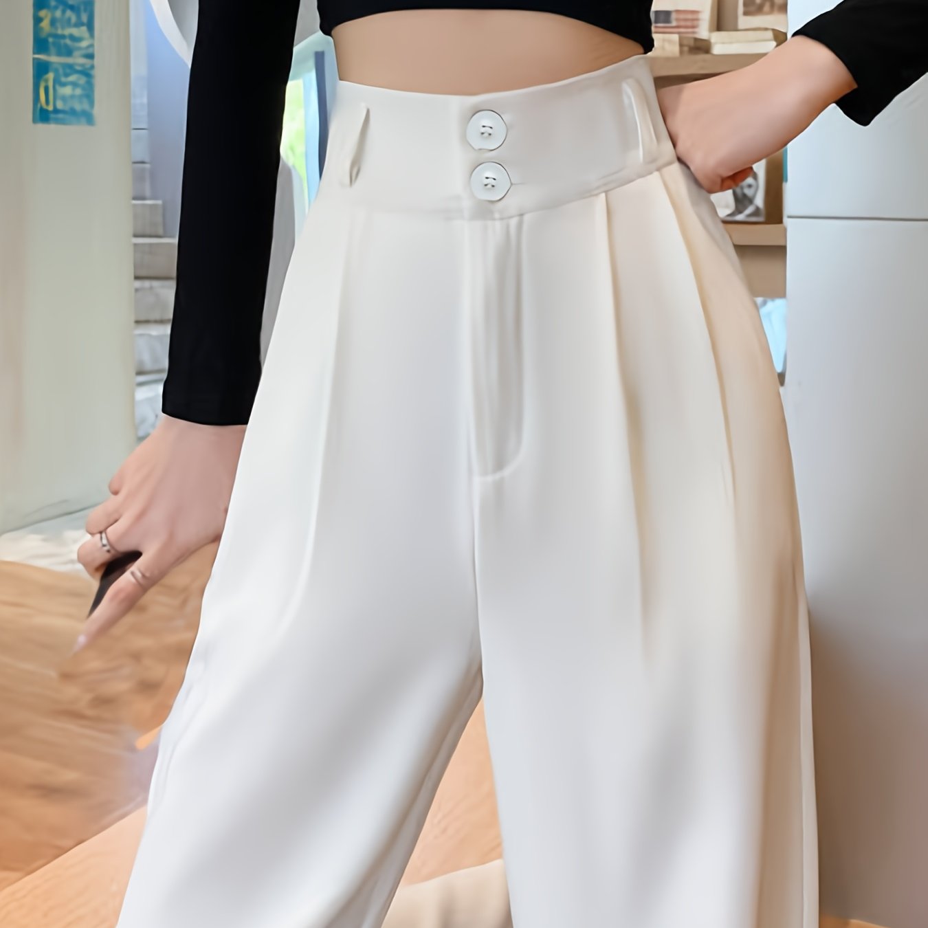 High-Waisted Wide-Leg Pants Women's High-Waisted Wide-Leg Pants - Black Cool & Breathable Fabric, Relaxed Fit All-Season Trousers for Casual & Formal Wear,