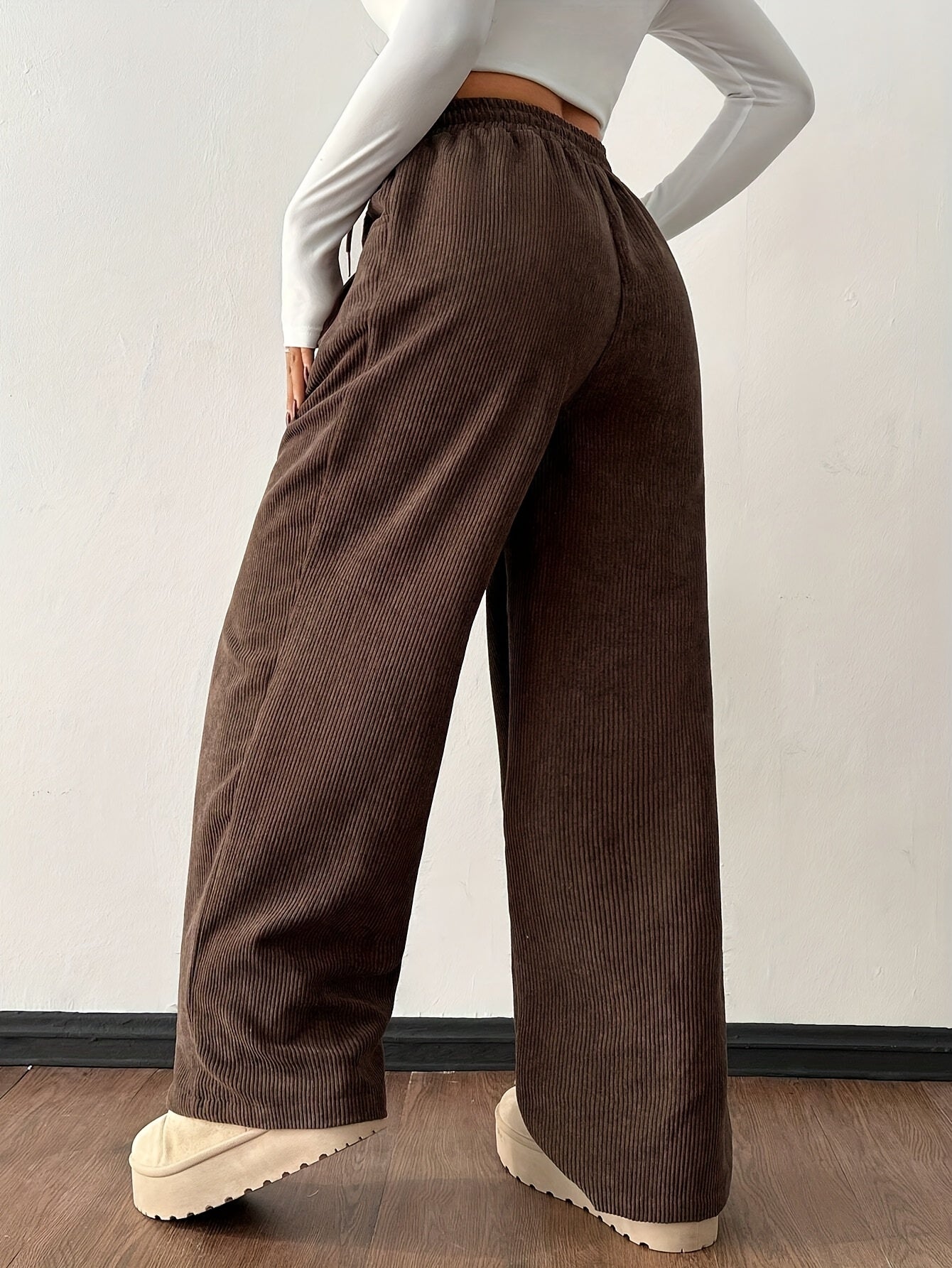 Women's Casual Corduroy Pants - Straight Leg Relaxed Fit, Machine Washable, All-Season Comfort, Solid Brown, Versatile Streetwear