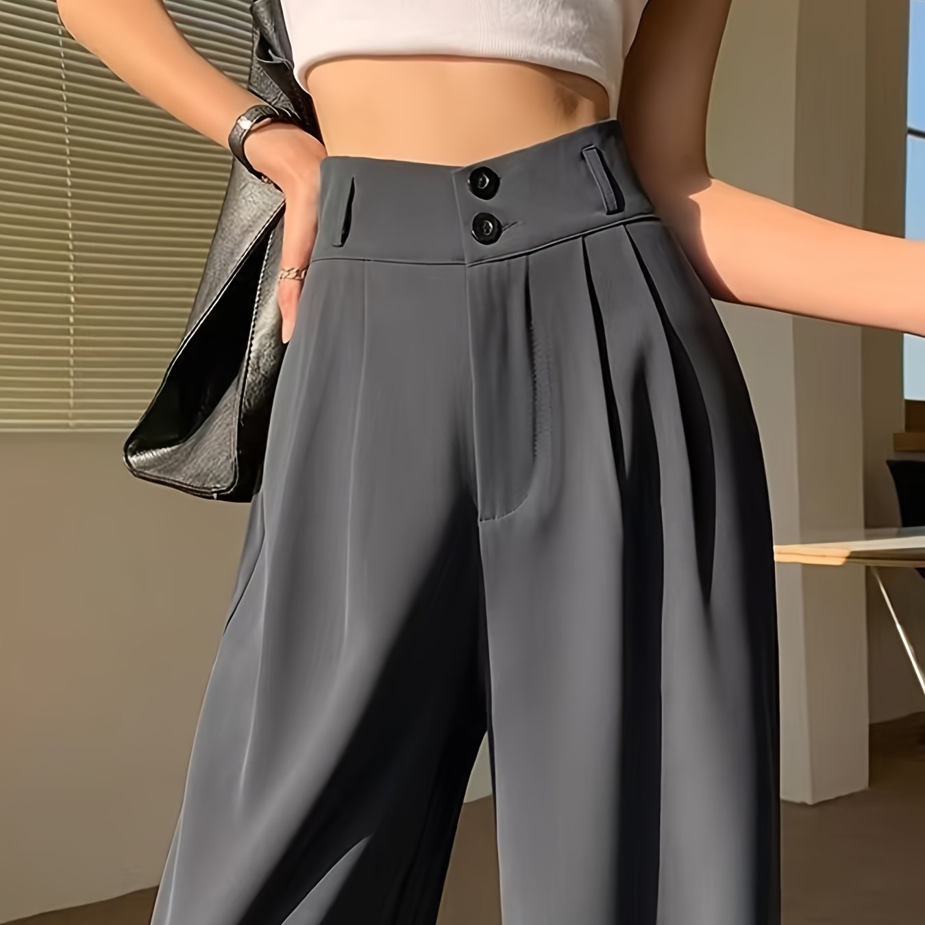High-Waisted Wide-Leg Pants Women's High-Waisted Wide-Leg Pants - Black Cool & Breathable Fabric, Relaxed Fit All-Season Trousers for Casual & Formal Wear,