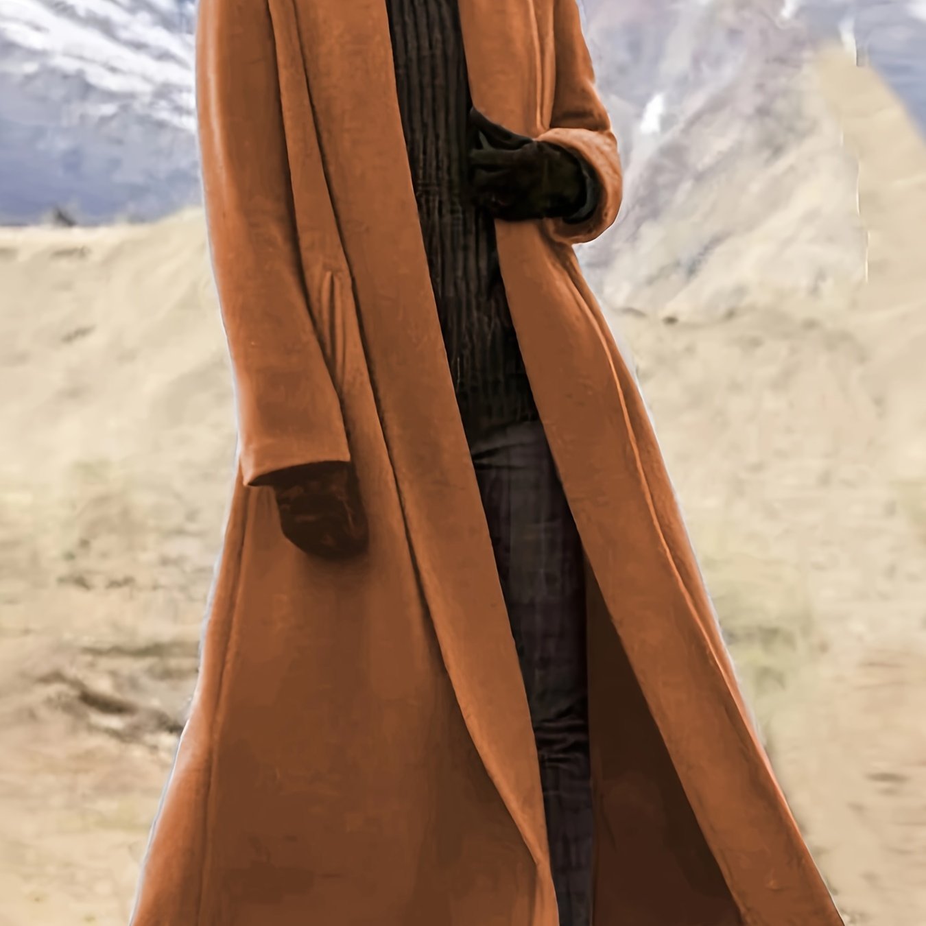 Women'S Plus Size Long Trench Coat - Casual Lapel Collar, Solid Color, Non-Stretch Fabric, Ideal for Spring\u002FFall,