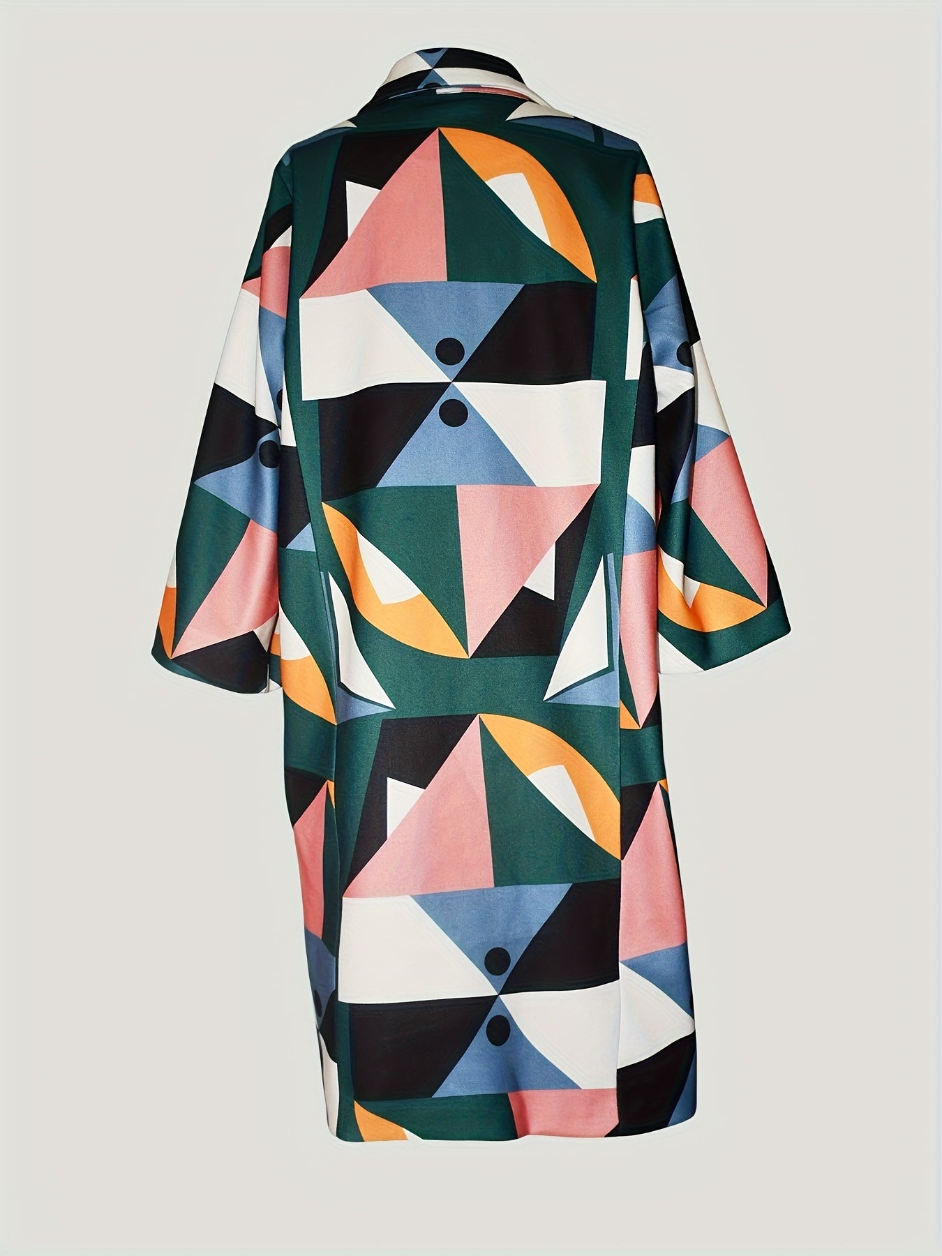 Women'S Stylish Geometric Print Trench Coat - Long Sleeve, Button-Up Front, Polyester, Green with Black & Yellow Accents, Perfect for Spring & Fall,