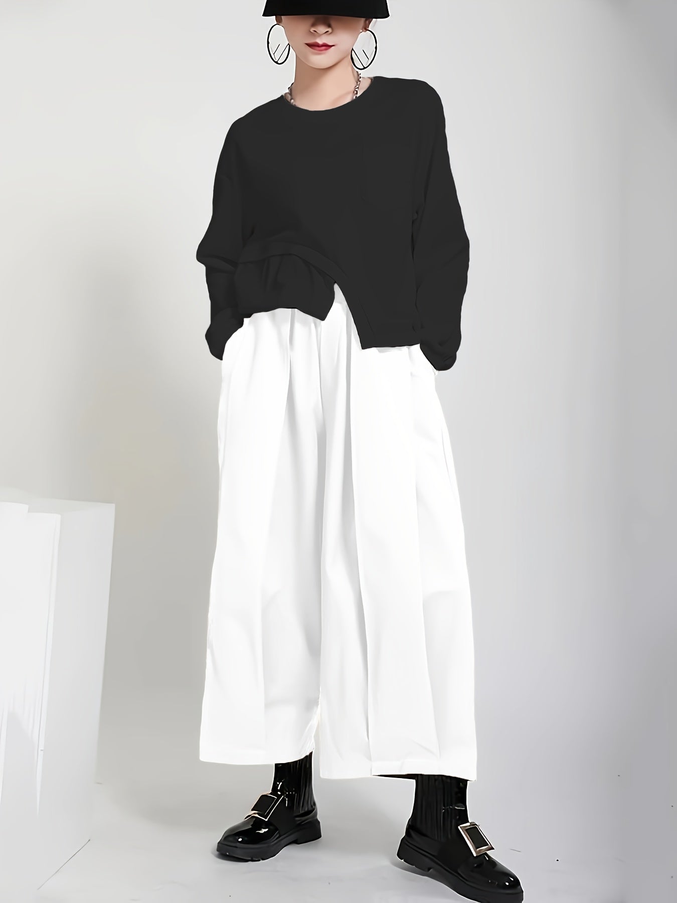 Women'S Stylish Black Wide-Leg Casual Pants - High-Waisted, Button- Front, Polyester Blend, Machine Washable, Perfect for Spring\u002FSummer\u002FFall,