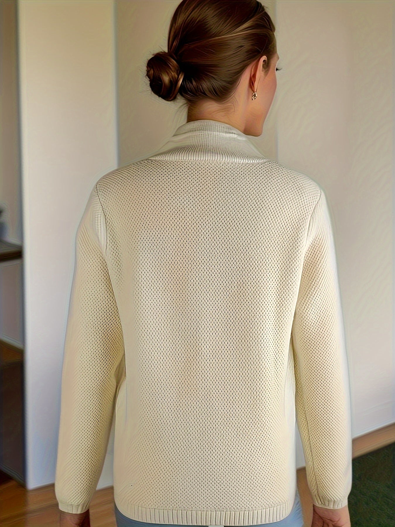 Solid Color Button Front Cardigans Coat, Casual Mock Neck Side Pockets Long Sleeve Top For Every Day,