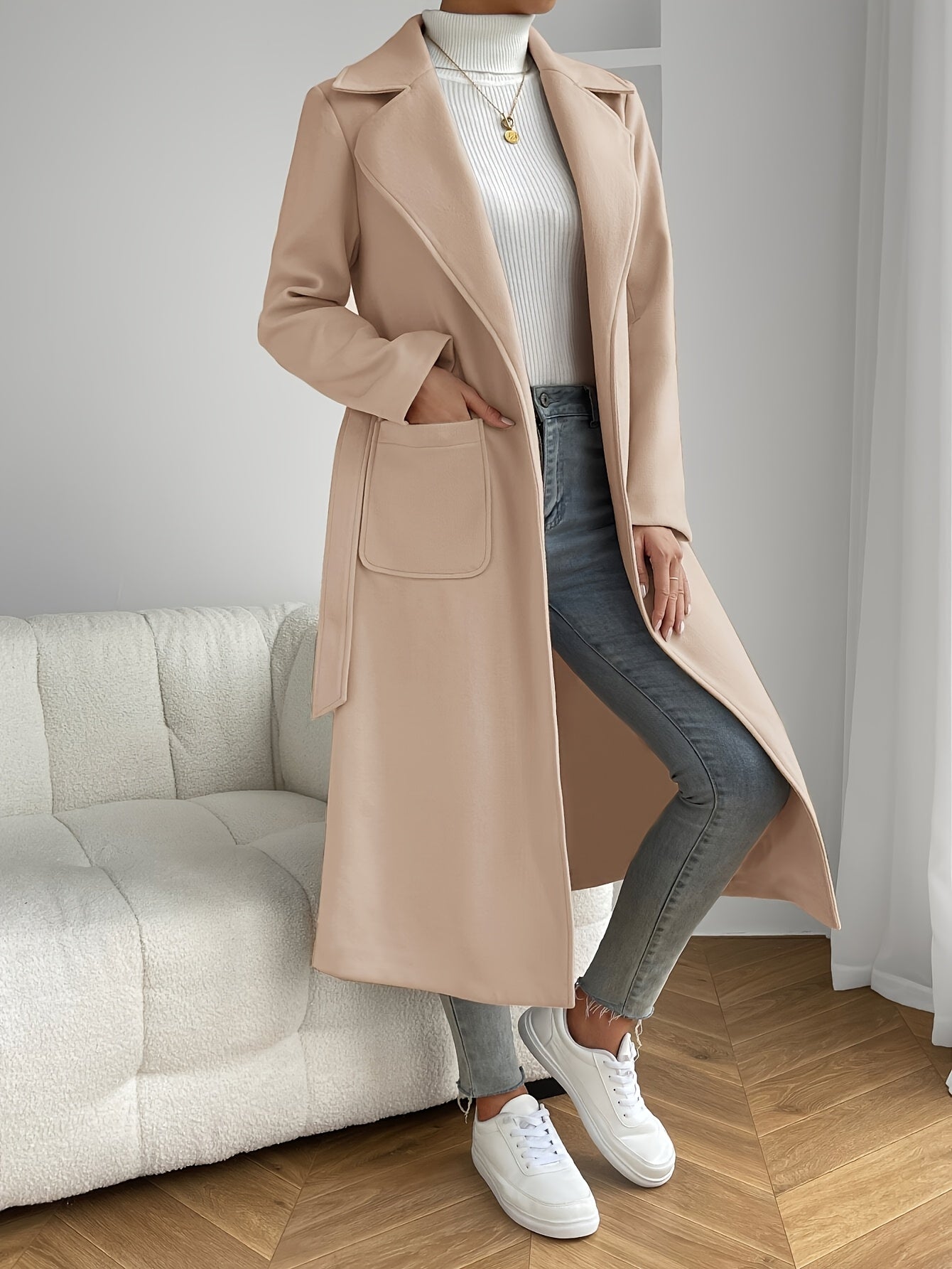 Solid Color Trench Coat Elegant Solid Color Long Sleeve Patched Pocket Trench Coat - Women's