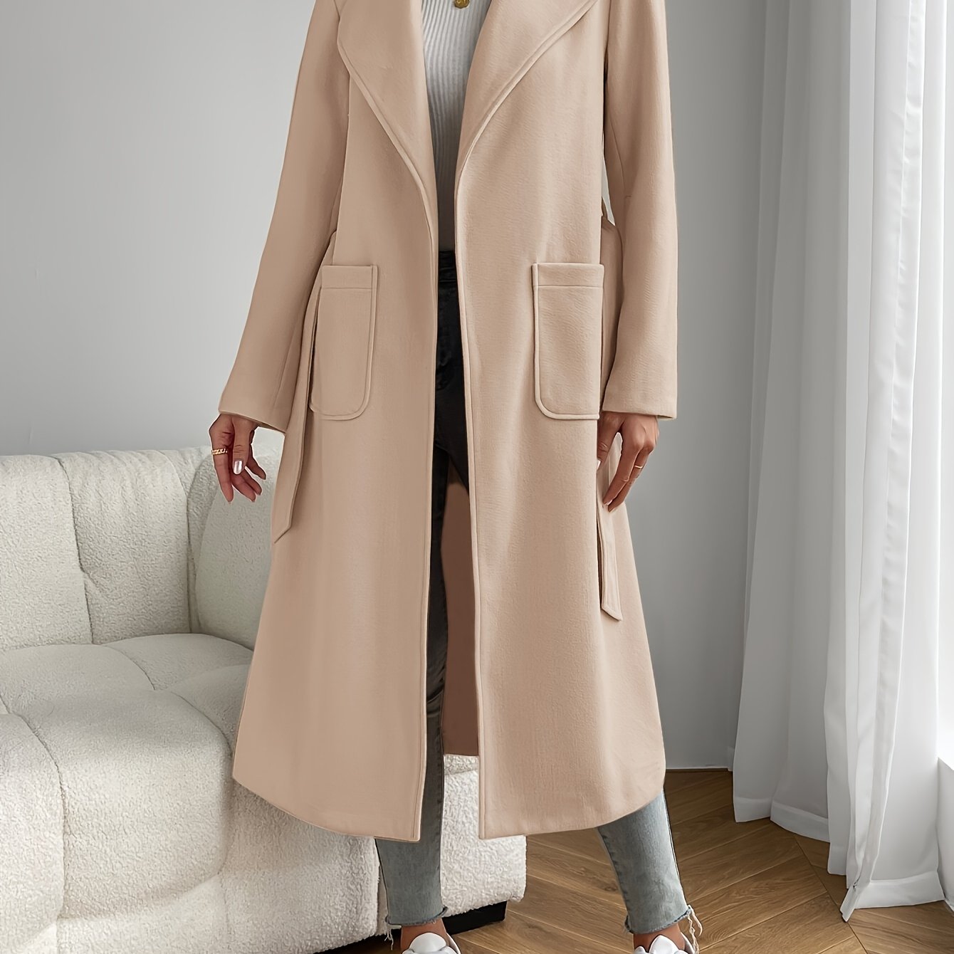 Solid Color Trench Coat Elegant Solid Color Long Sleeve Patched Pocket Trench Coat - Women's
