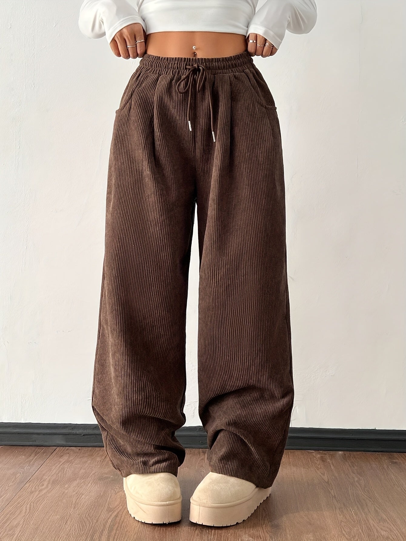 Women's Casual Corduroy Pants - Straight Leg Relaxed Fit, Machine Washable, All-Season Comfort, Solid Brown, Versatile Streetwear