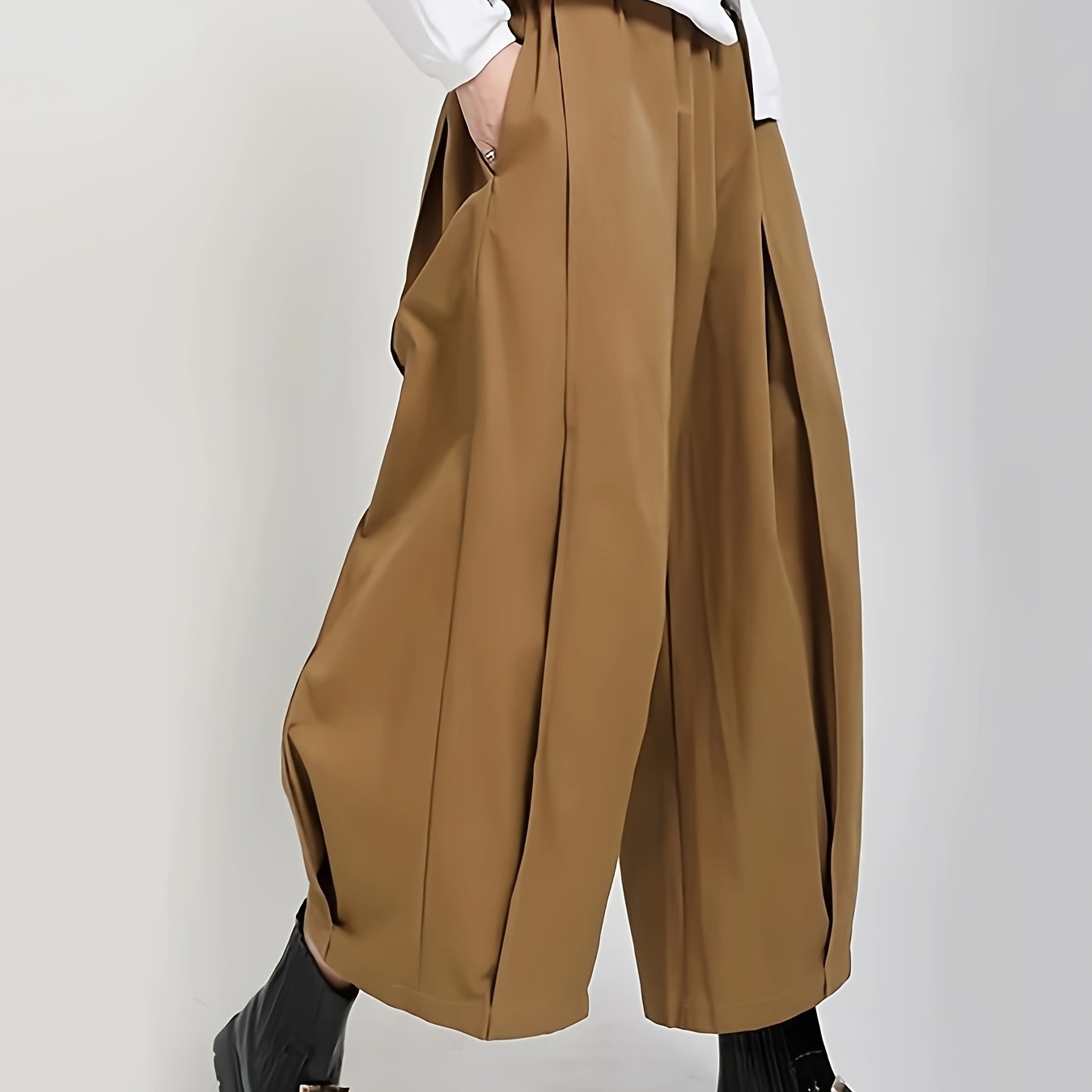 Women'S Stylish Black Wide-Leg Casual Pants - High-Waisted, Button- Front, Polyester Blend, Machine Washable, Perfect for Spring\u002FSummer\u002FFall,