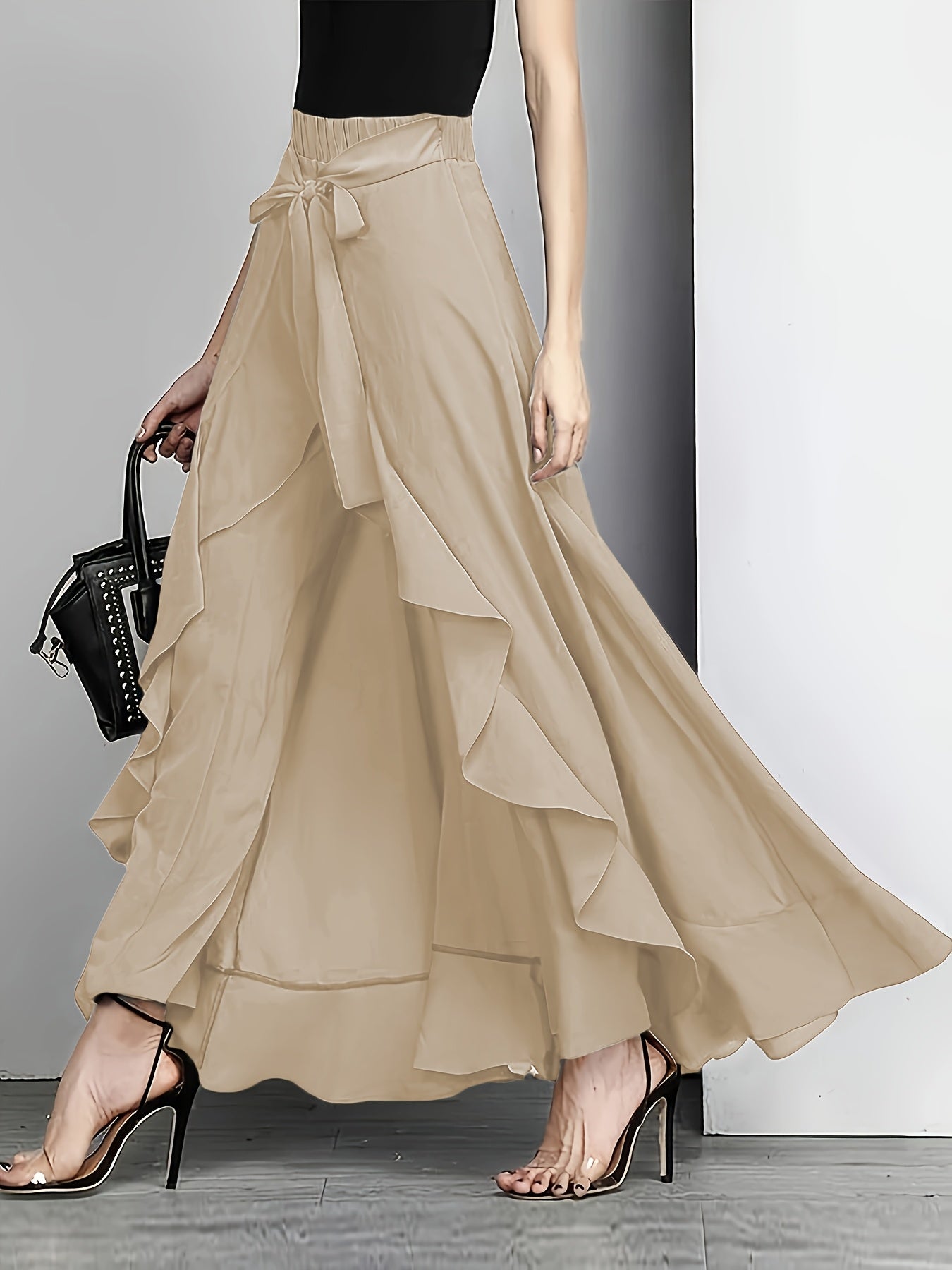 Light Blue Maxi Pants Polyester Women's Light Blue Maxi Pants | Casual Solid Color Straight Leg with Belt Detail, Flowy Design for All Seasons,