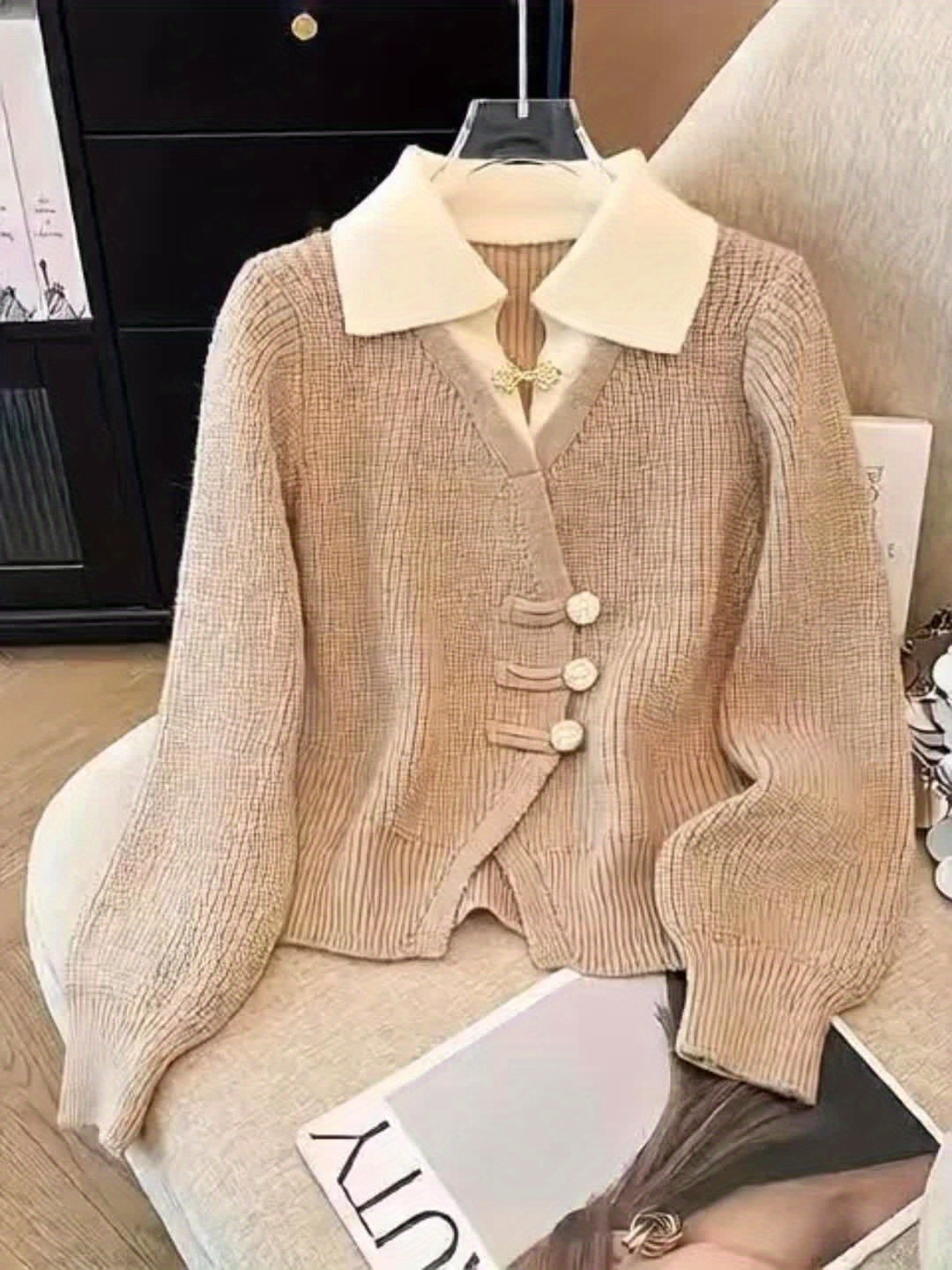 Women'S Elegant Beige Cardigan with Ribbed Detail - Light Luxury, Warm & Stylish Open Sweater for Fall and Winter,