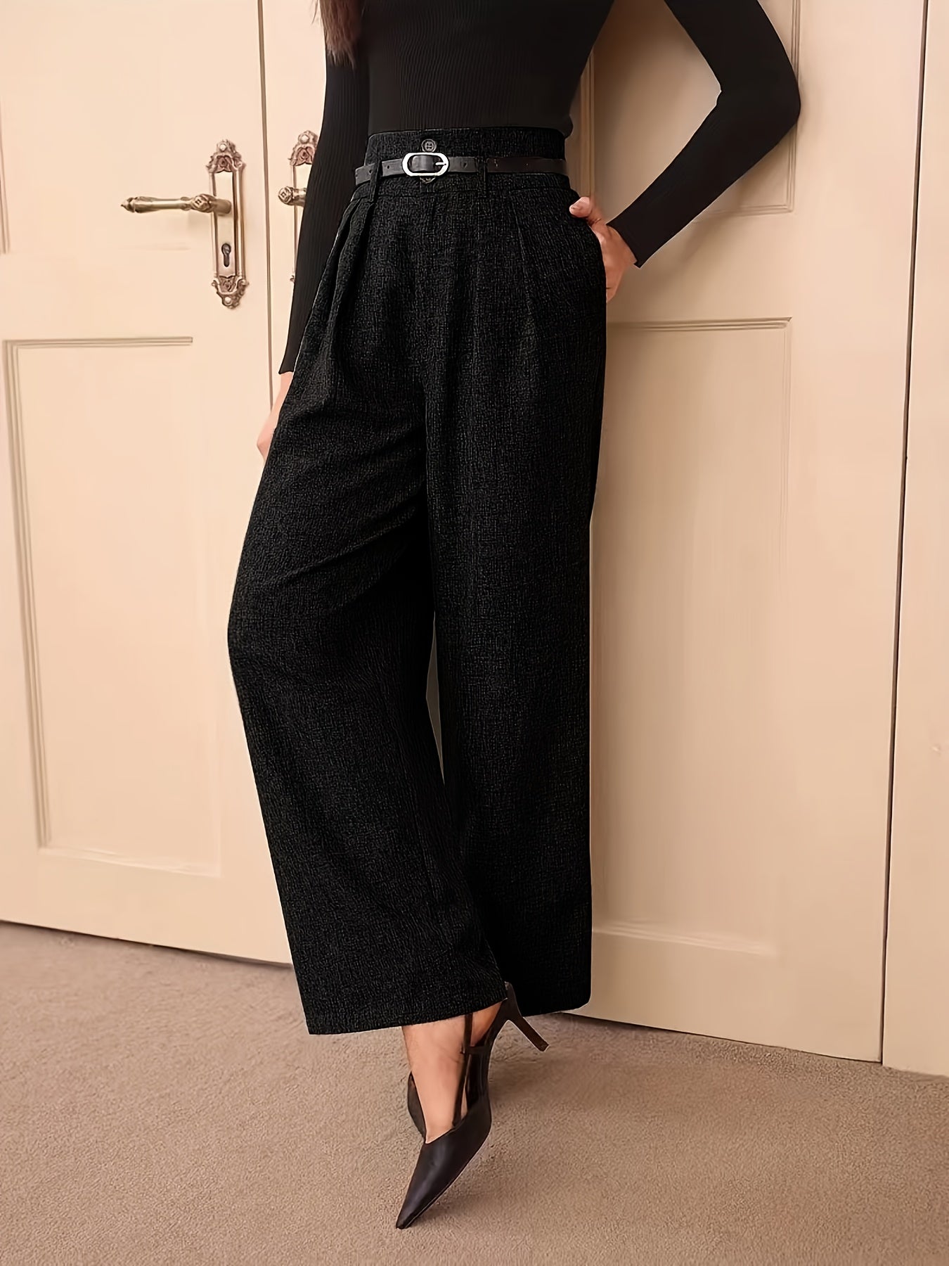 Women's High-Waisted Gray Straight-Leg Pants with Adjustable Belt - Middle Eastern-Inspired Retro Office Casual Trousers
