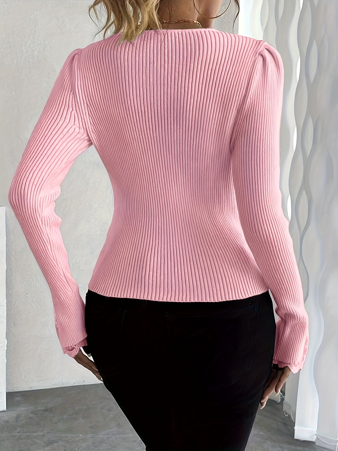 Elegant Pullover Soft & Comfortable Elegant Pink V-Neck Pullover for Women | Long Sleeve, Button-Up Front, Ribbed Texture,