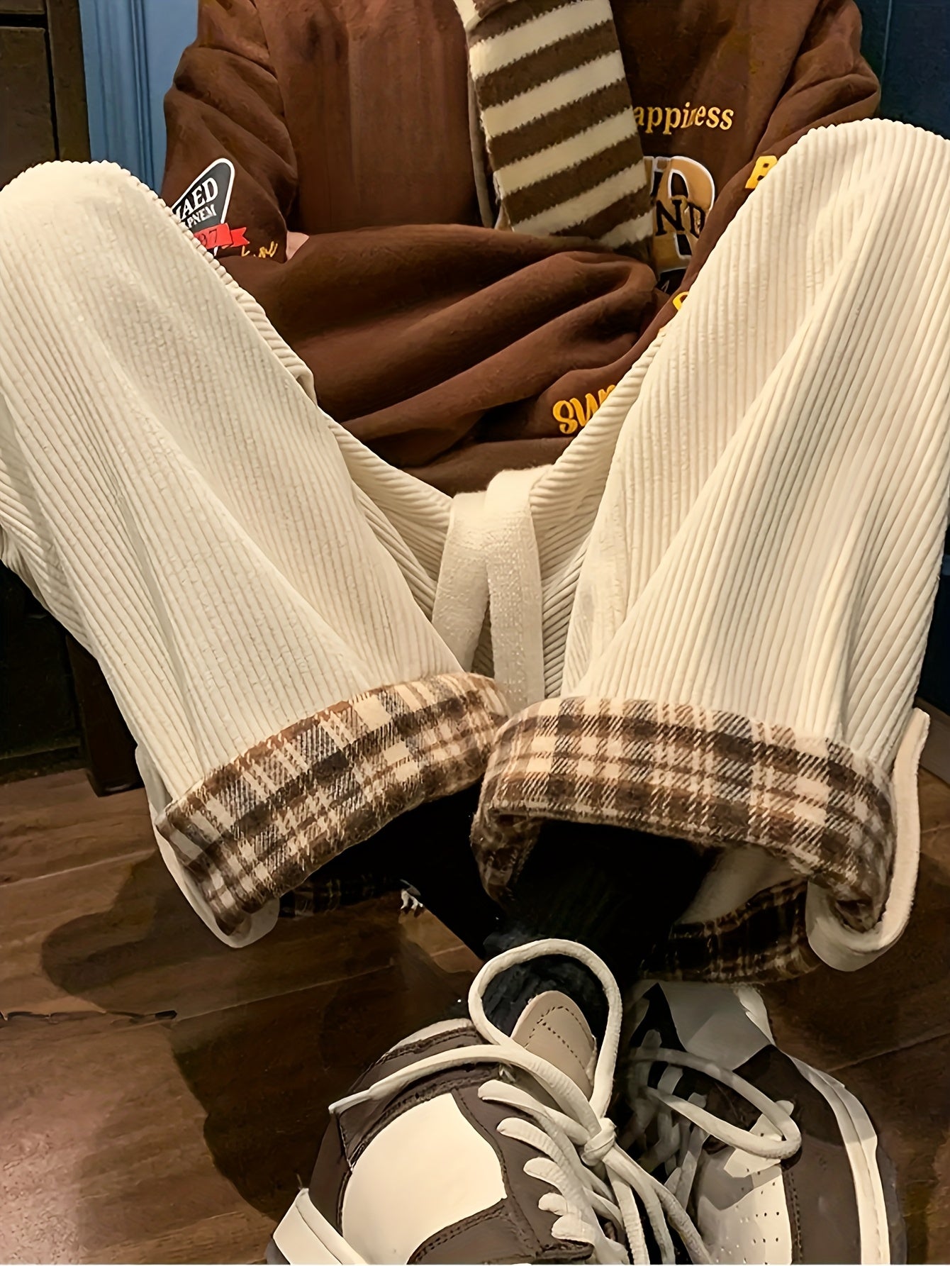 Women's Spring and Autumn Plaid Flared Pants Korean Style Loose Straight Leg