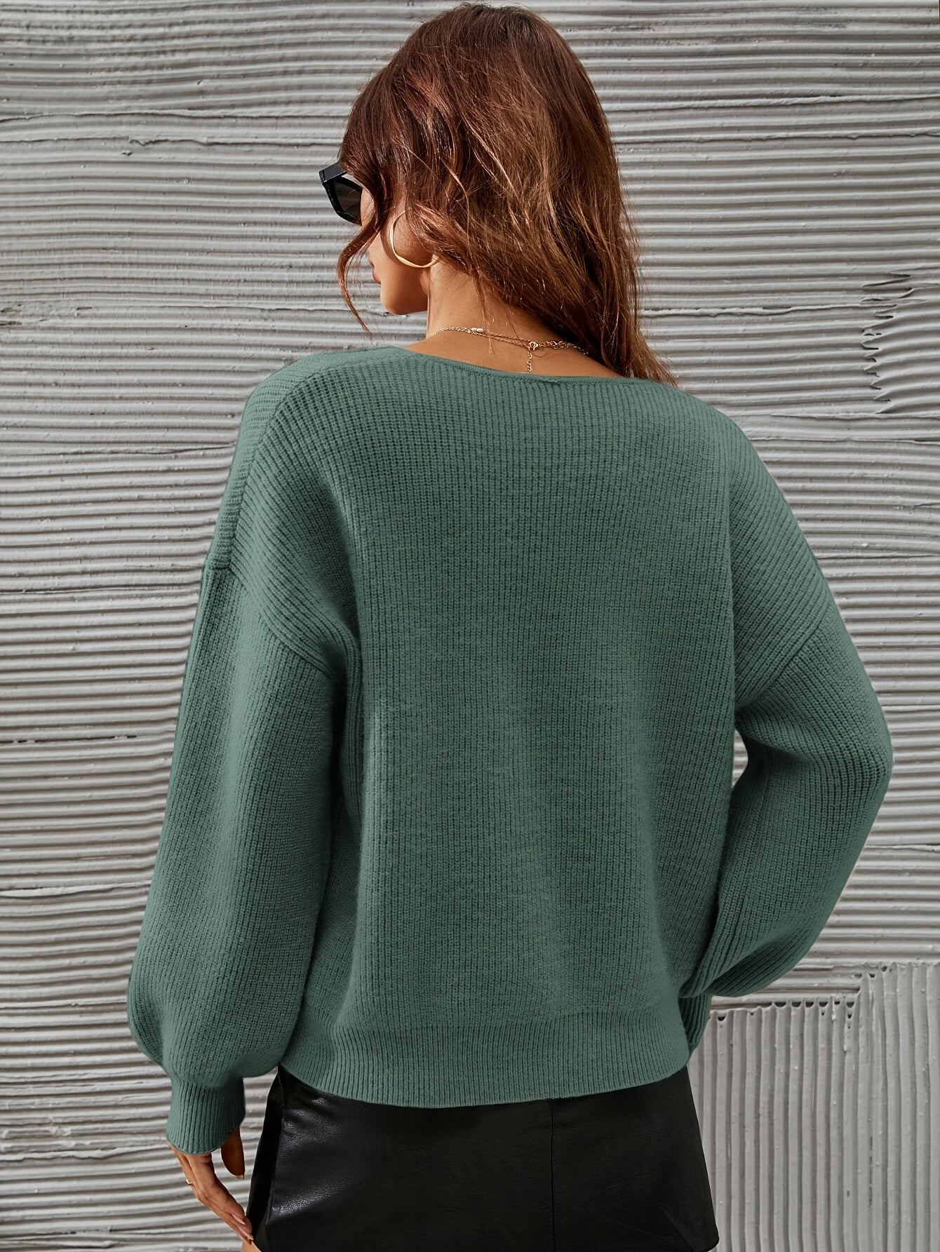French Chic Sweater Light Green High Stretch V-Neck Drop Shoulder Sweater - Chic French Casual Acrylic Knit,