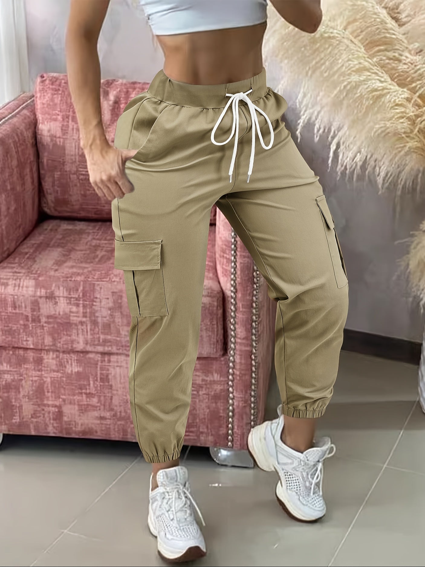 Women'S Casual Cargo Pants with Drawstring Waist, Beige, Multiple Pockets, Frayed Hem, White Sneakers, All-Season Comfort Fit