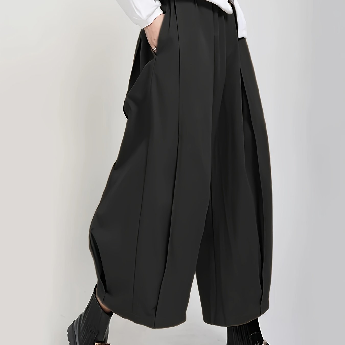 Women'S Stylish Black Wide-Leg Casual Pants - High-Waisted, Button- Front, Polyester Blend, Machine Washable, Perfect for Spring\u002FSummer\u002FFall,