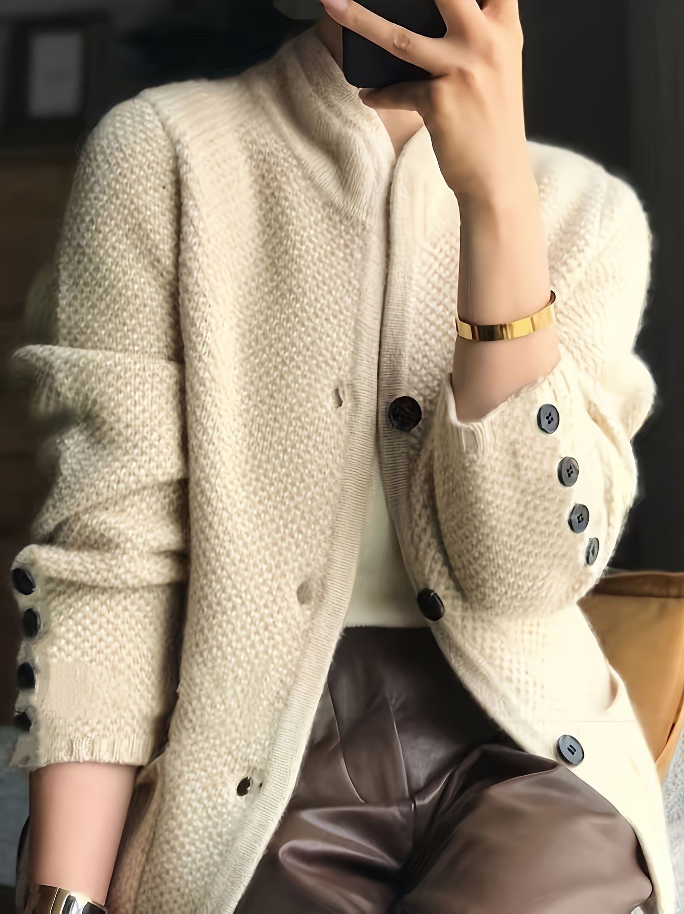 Solid Color Button Front Cardigans Coat, Casual Mock Neck Side Pockets Long Sleeve Top For Every Day,