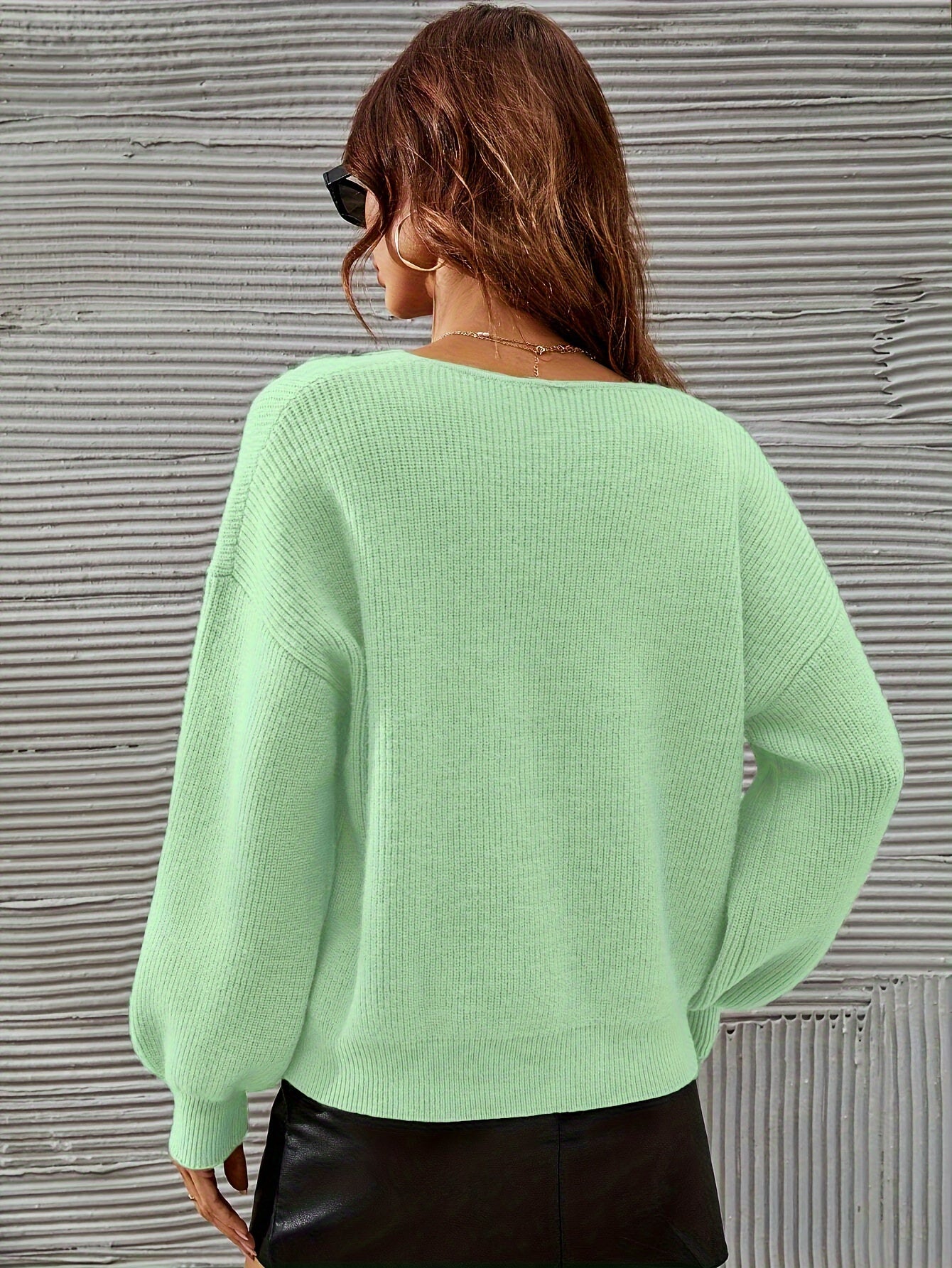 French Chic Sweater Light Green High Stretch V-Neck Drop Shoulder Sweater - Chic French Casual Acrylic Knit,
