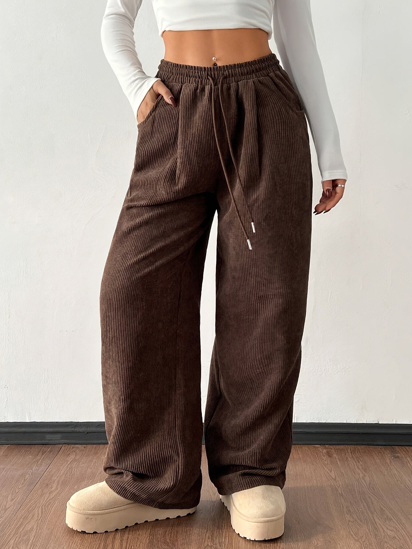 Women's Casual Corduroy Pants - Straight Leg Relaxed Fit, Machine Washable, All-Season Comfort, Solid Brown, Versatile Streetwear