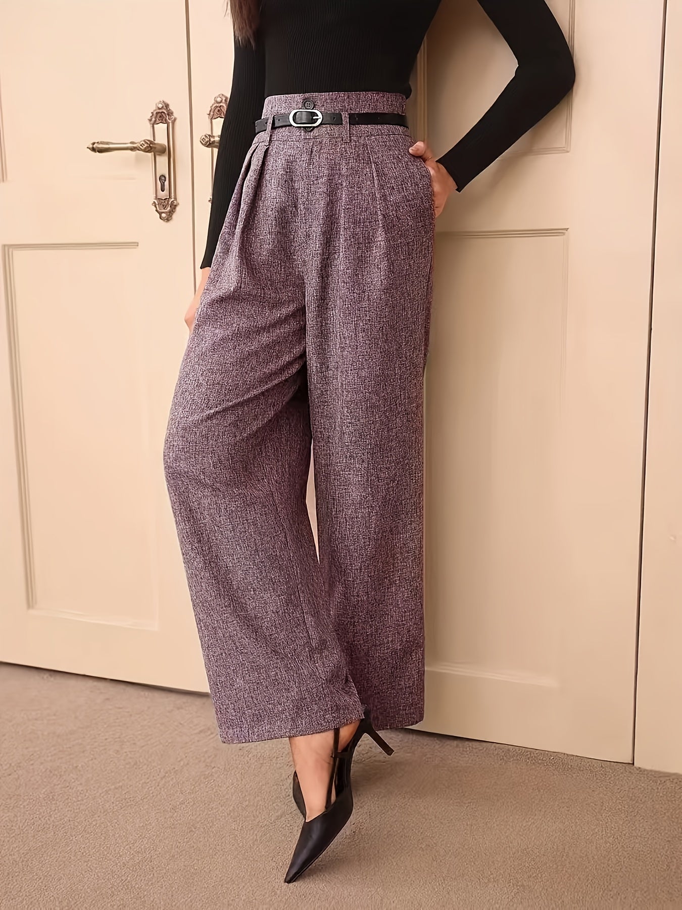 Women's High-Waisted Gray Straight-Leg Pants with Adjustable Belt - Middle Eastern-Inspired Retro Office Casual Trousers