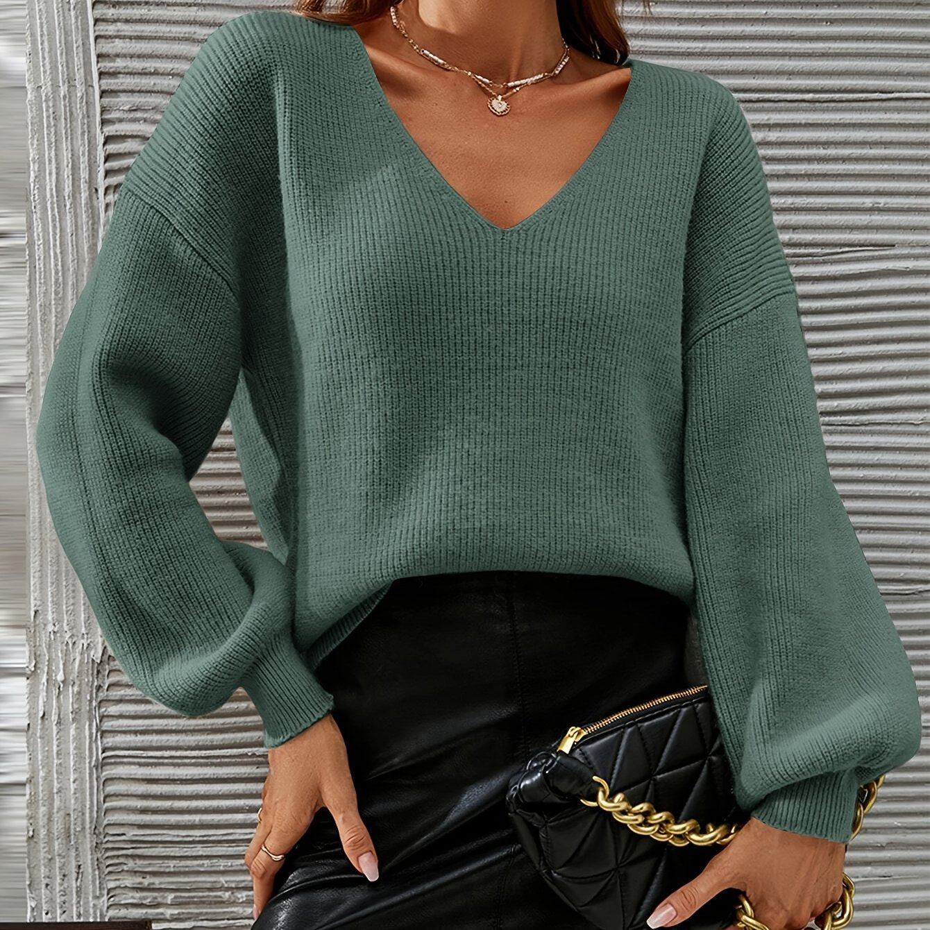 French Chic Sweater Light Green High Stretch V-Neck Drop Shoulder Sweater - Chic French Casual Acrylic Knit,