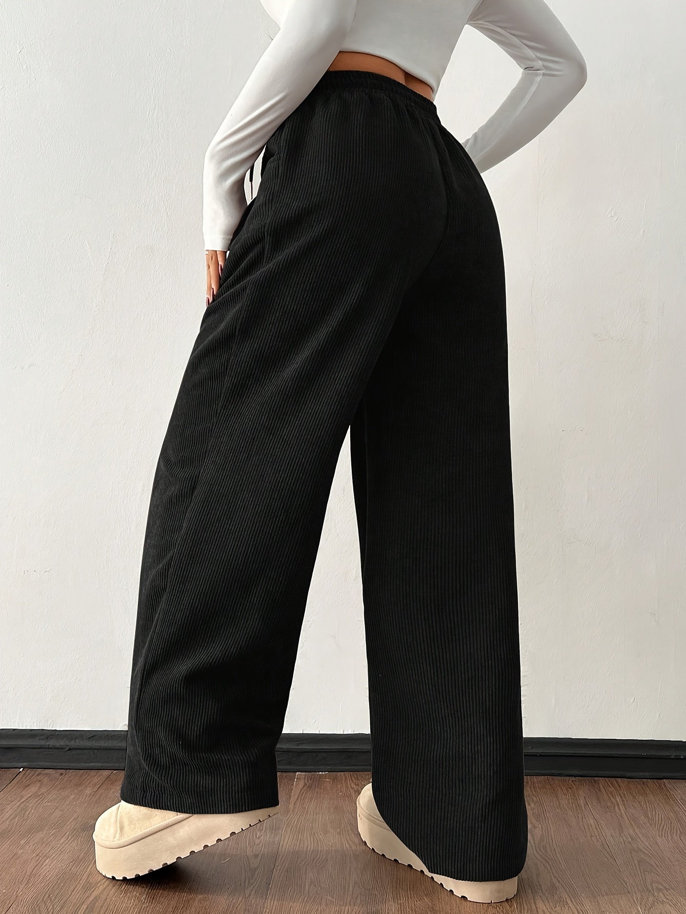 Women's Casual Corduroy Pants - Straight Leg Relaxed Fit, Machine Washable, All-Season Comfort, Solid Brown, Versatile Streetwear