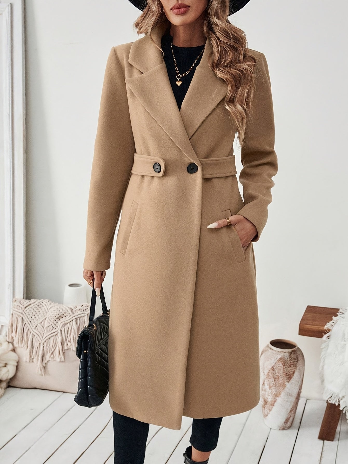 Women's Elegant Long Black Tweed Coat with Adjustable Belt - H-Silhouette Asymmetrical Hem, Machine Washable Winter Trench Coat for Fall & Winter,