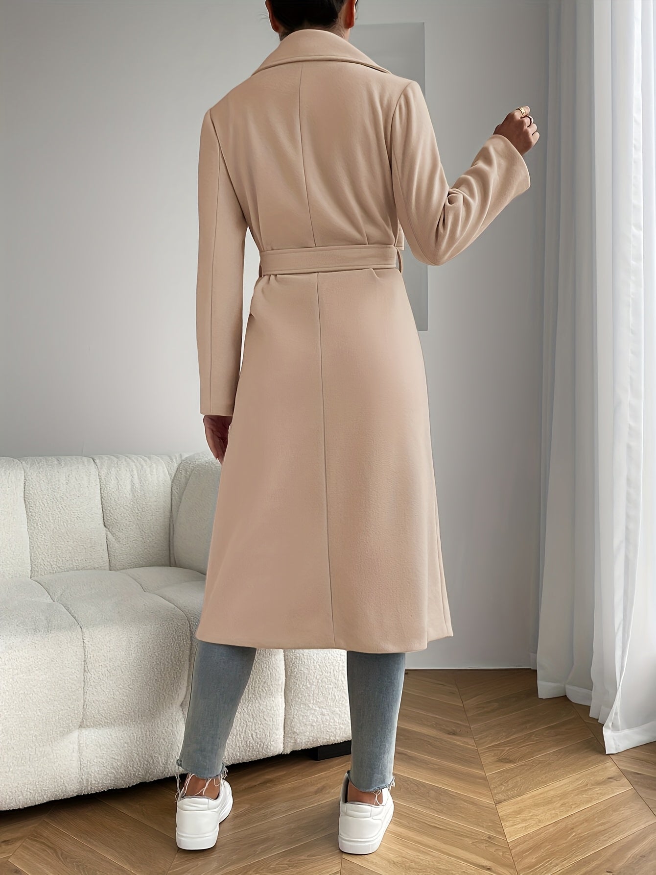 Solid Color Trench Coat Elegant Solid Color Long Sleeve Patched Pocket Trench Coat - Women's