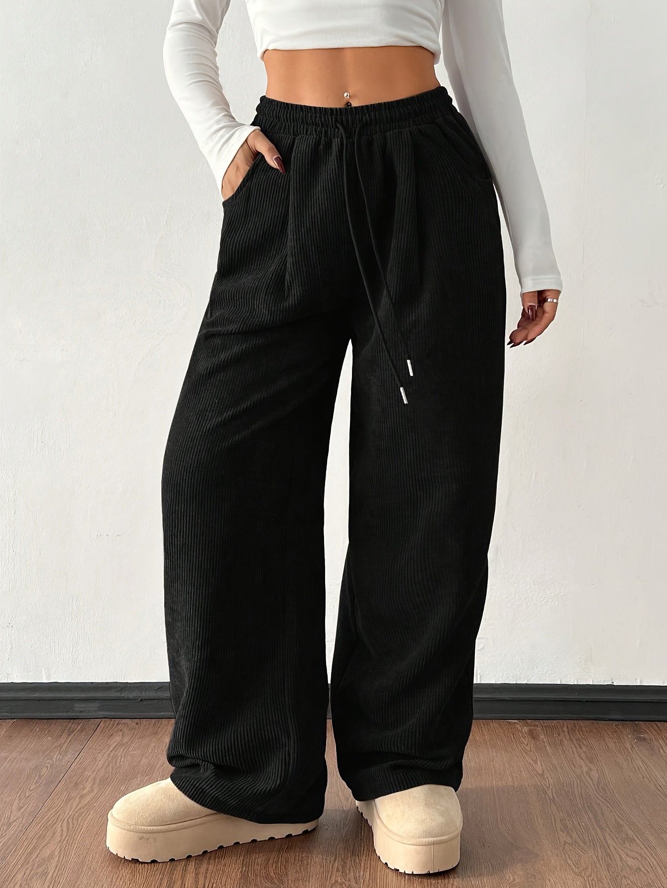 Women's Casual Corduroy Pants - Straight Leg Relaxed Fit, Machine Washable, All-Season Comfort, Solid Brown, Versatile Streetwear