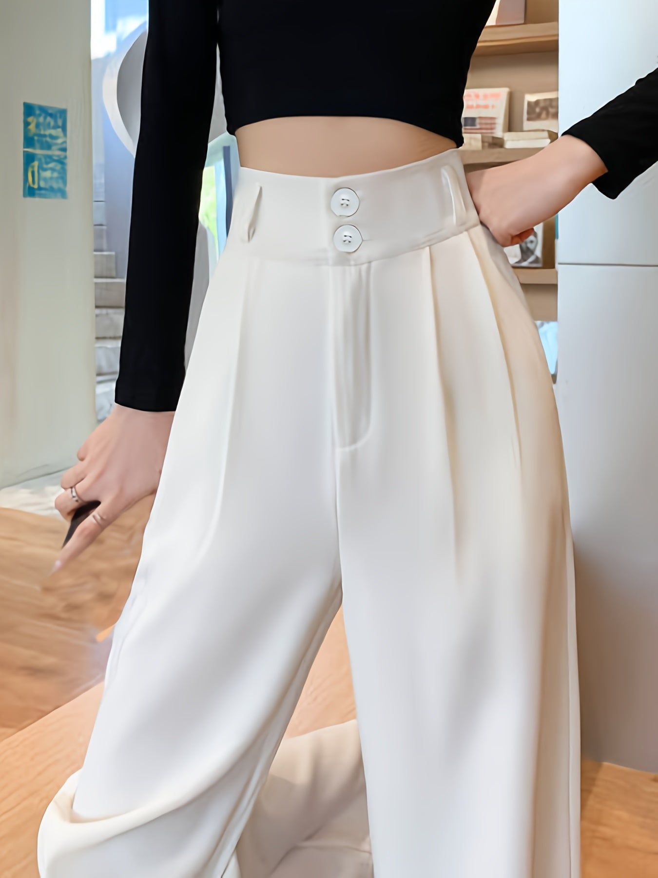 High-Waisted Wide-Leg Pants Women's High-Waisted Wide-Leg Pants - Black Cool & Breathable Fabric, Relaxed Fit All-Season Trousers for Casual & Formal Wear,